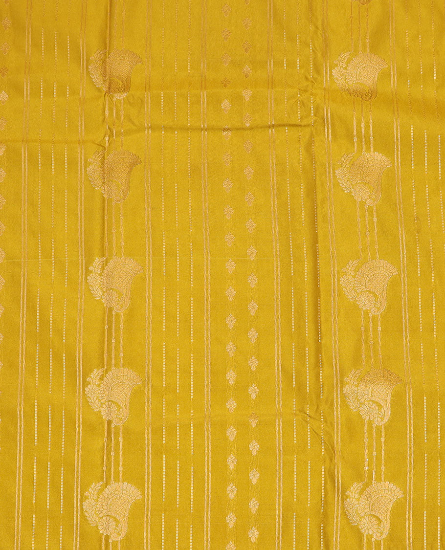 Mustard yellow art silk pavadai material set, zari design pavadai, contrast blouse & traditional zari border