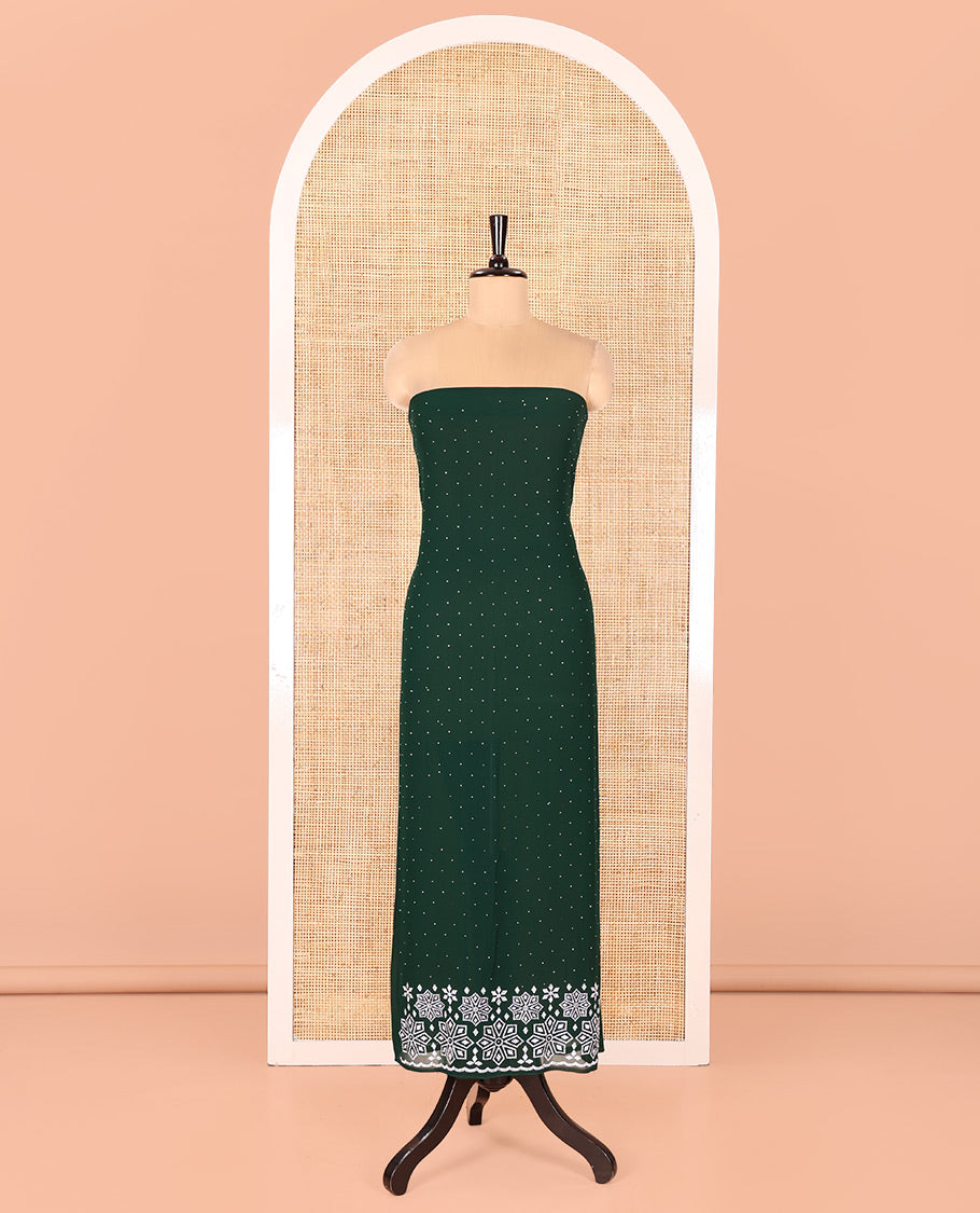 Green Fox Georgette Material Chudidar Set, Gleamed up with Stone Floral Embroidery On Its Top, A Plain Santoon Bottom and Paired with a Matching Stone Work Fox Georgette Dupatta