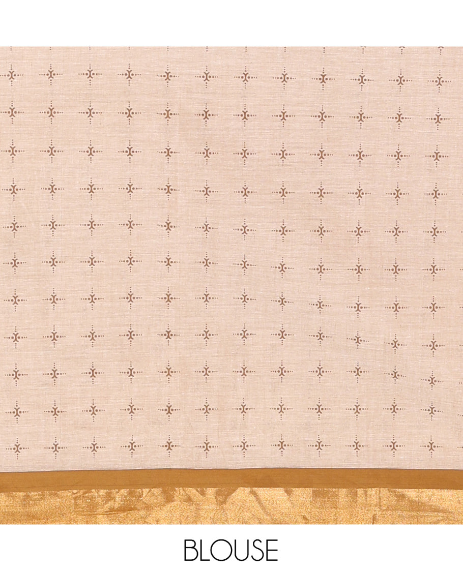 Cream-Brown Kerala Cotton Saree Features Tree Print, Contrast Border, and a Contrast Blouse