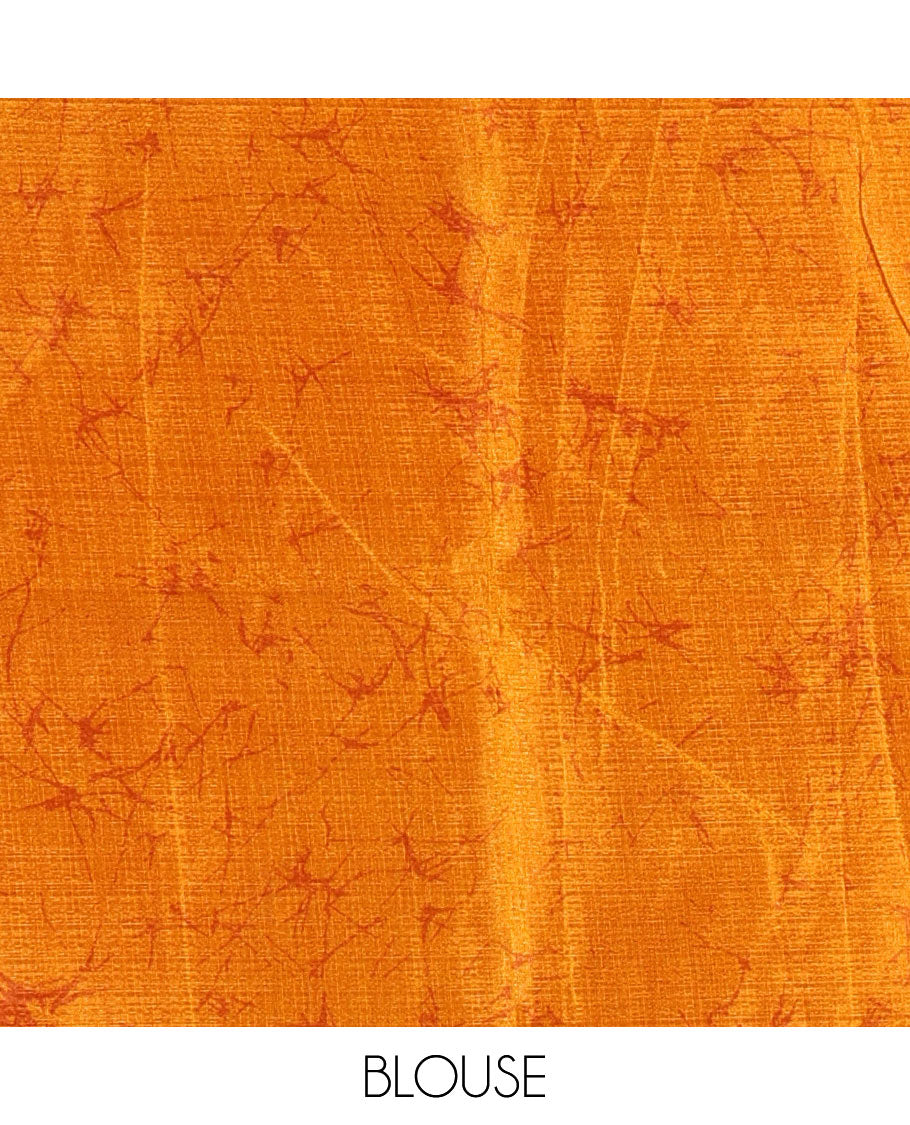 Borderless mustard fancy motifs batik-printed art khadi silk saree, contrast printed pallu, and a printed blouse