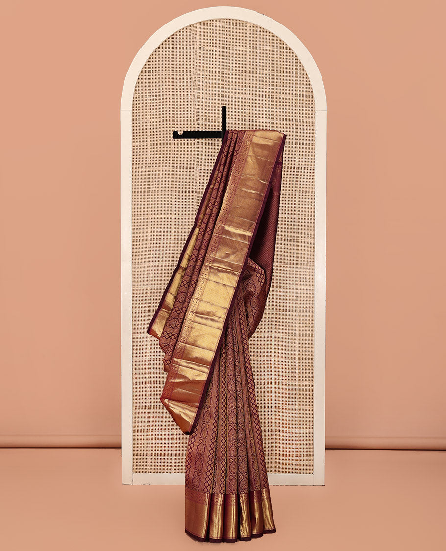 Purple Kanchipuram Wedding Silk Saree, Subtly Enriched with Jacquard Design On Its Body, Highlighted by Zari Border of Salngai, Rekku, and Diamond Designs, Jaal Pallu and Paired with a Matching Blouse