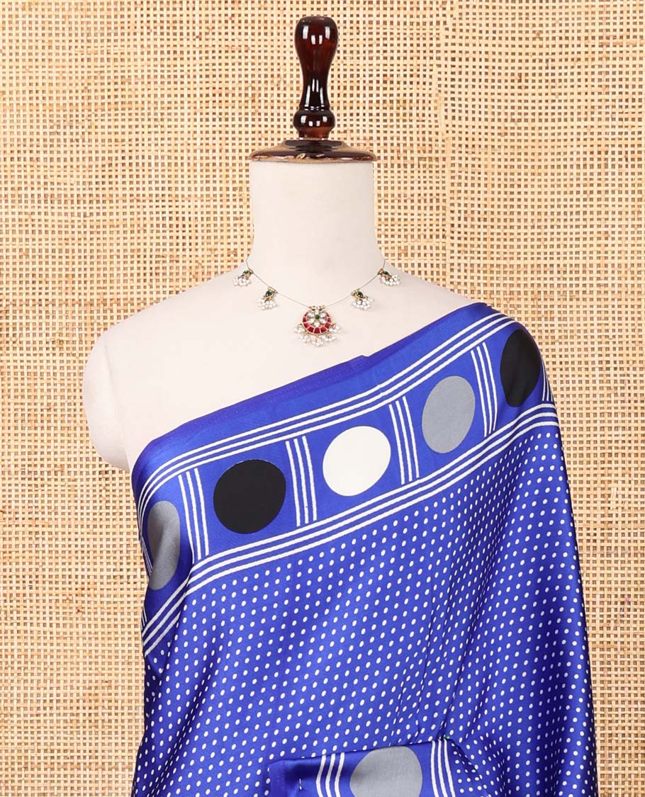 Royal blue small polka dots printed gajji silk saree with self-border & pallu printed with a dot enclosed checks, blouse with intricate motif print