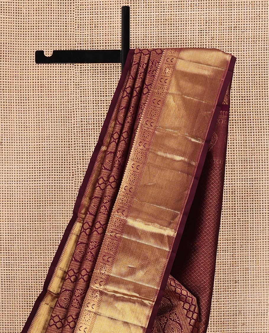 Purple Kanchipuram Wedding Silk Saree, Subtly Enriched with Jacquard Design On Its Body, Highlighted by Zari Border of Salngai, Rekku, and Diamond Designs, Jaal Pallu and Paired with a Matching Blouse