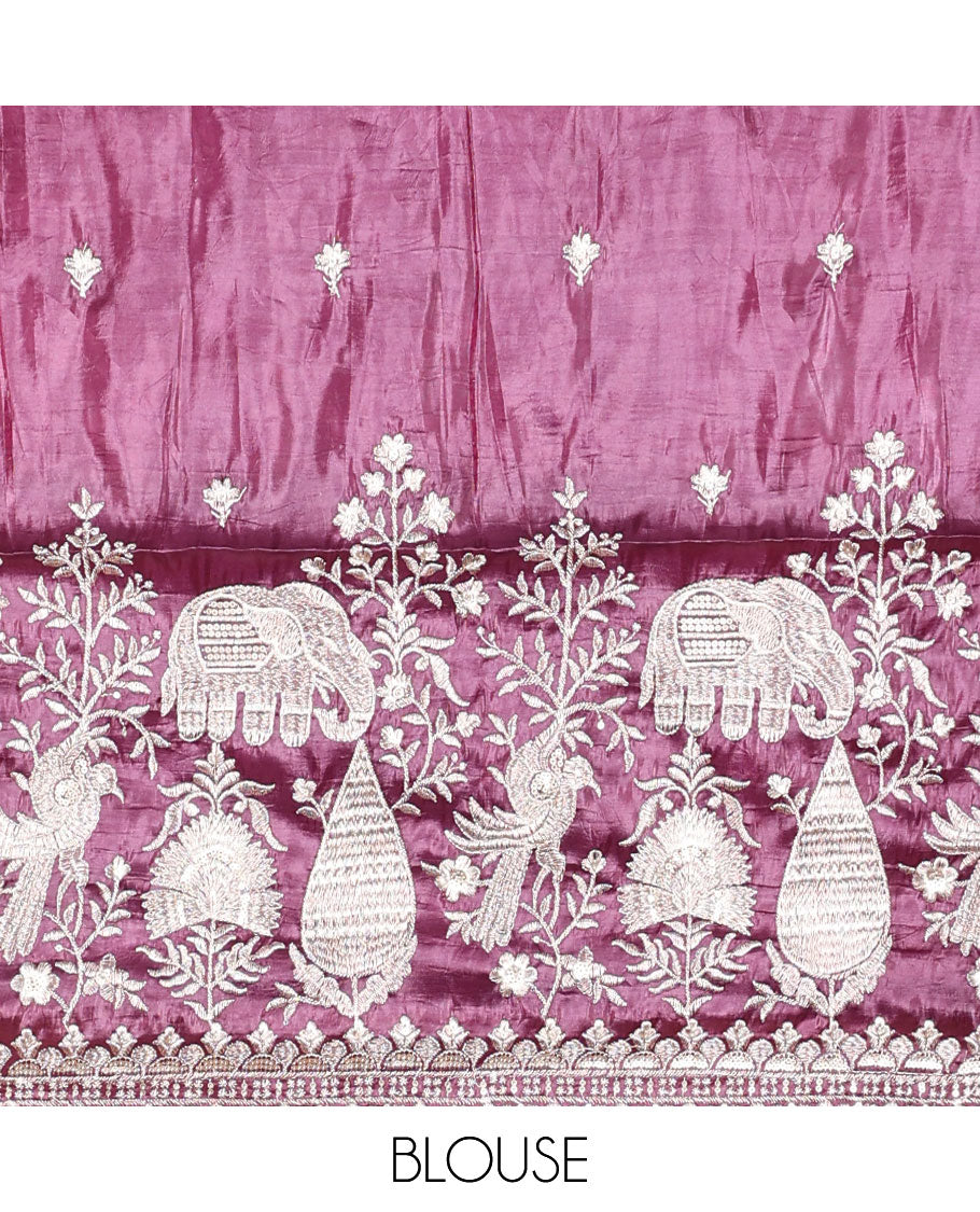 Purple floral embroidered half saree with self embroidered border, floral embroidery blouse & floral buttas , scallop border dhavani