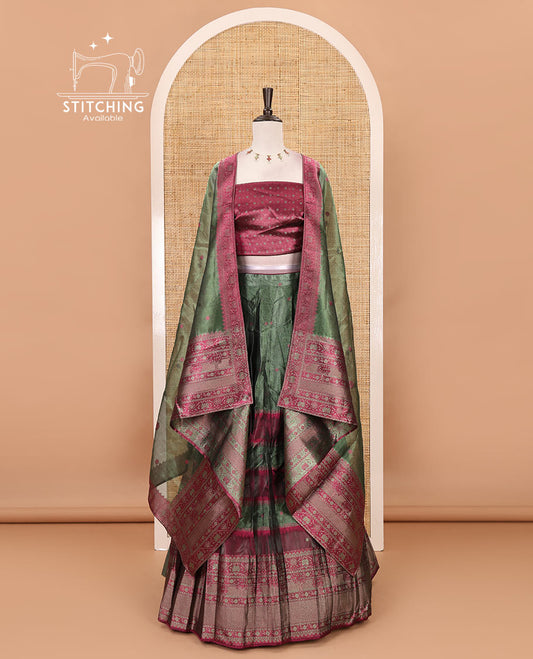 Green-wine organza half-saree, resham thread buttas & traditional motifs skirt, brocade banarasi blouse & intricate dhavani