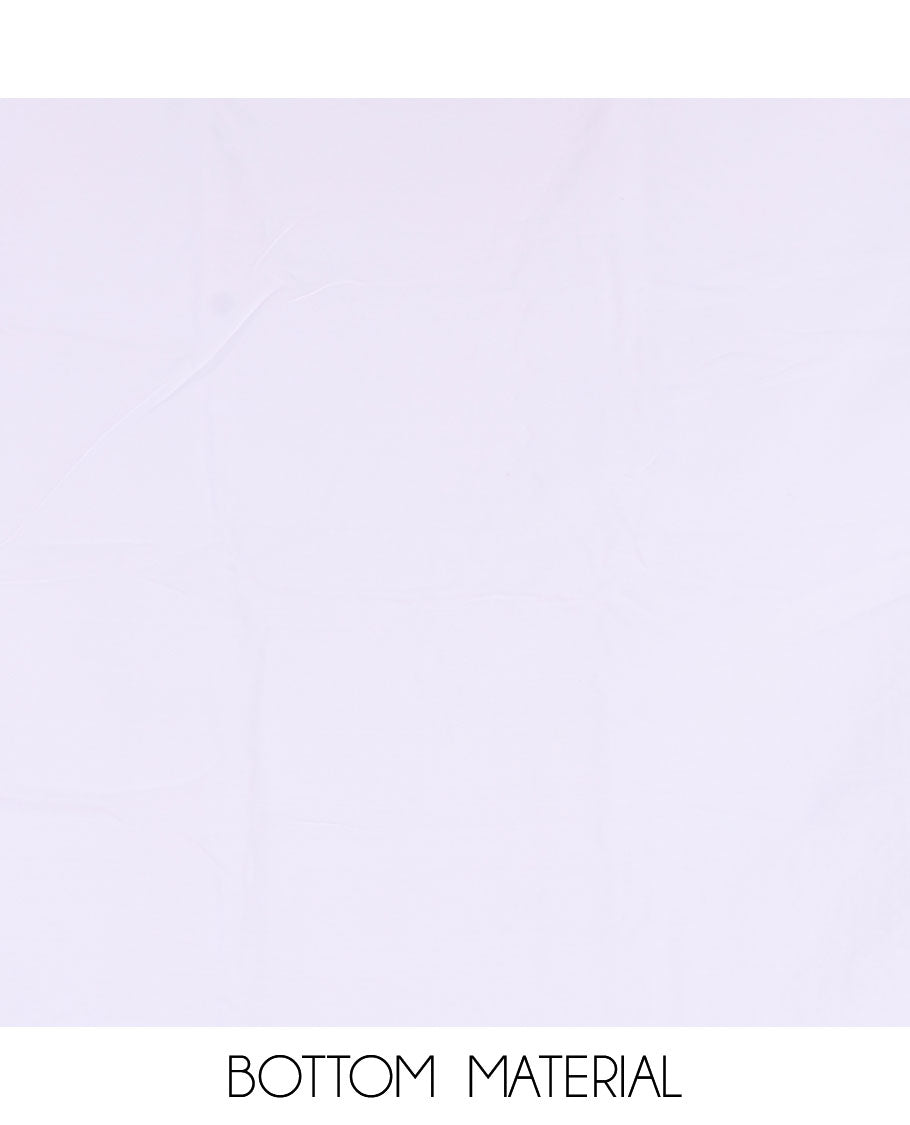 White material churidar set, stone work with Schiffli style embroidered georgette top, American Crape bottom, and polka dotted printed mirror work dupatta