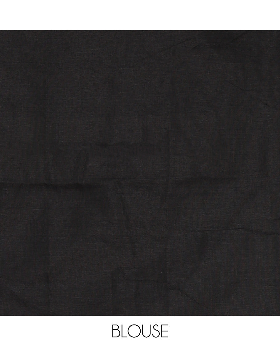 Borderless black vertical striped khadi cotton saree, contrast grey plain pallu & matching plain blouse