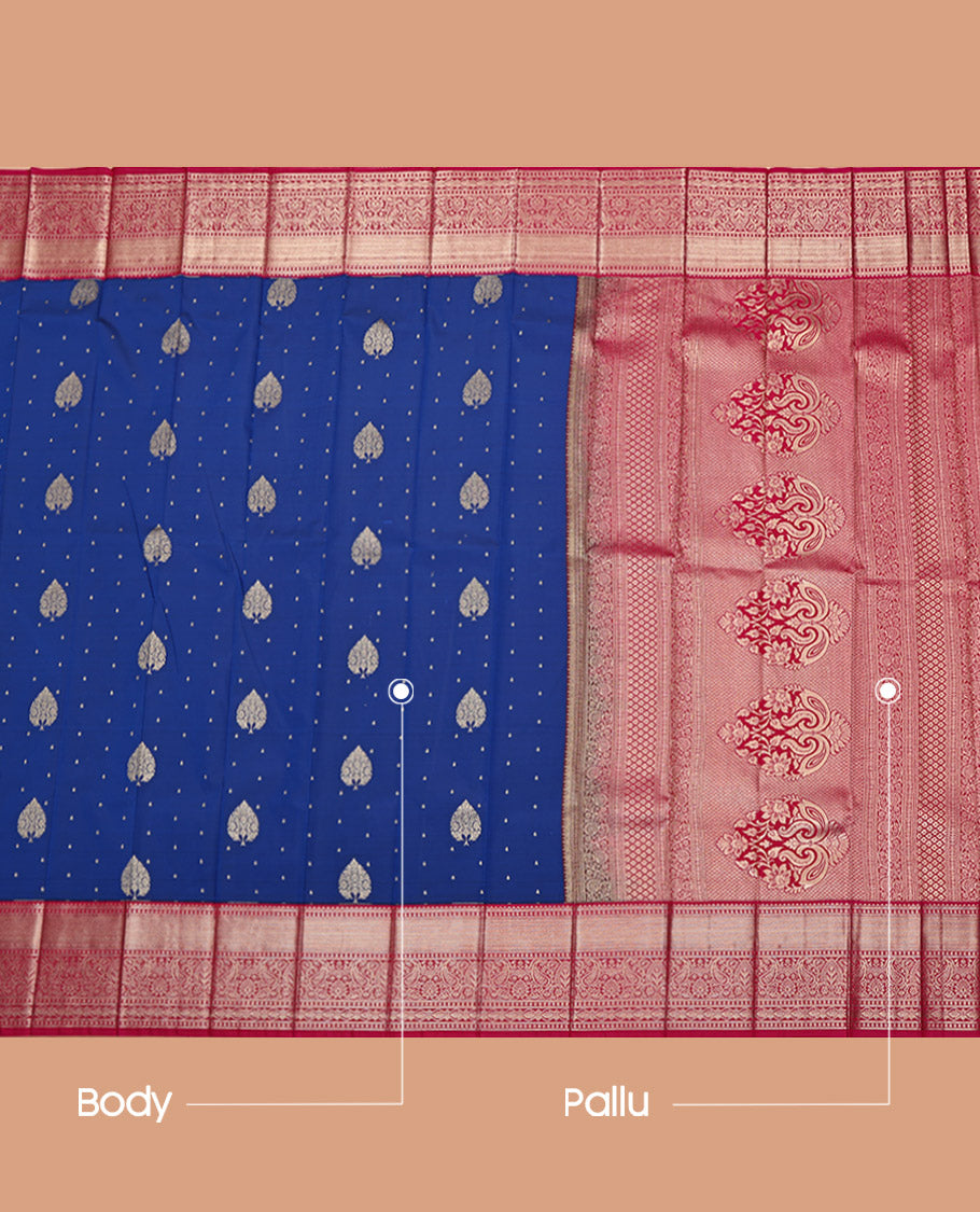 Royal Blue Budget Silk Saree, Detailed with Zari Buttas All Over Its Body, Complemented by a Contrast Traditional Zari Design Border, Intricately Designed Pallu, and Paired with a Contrast Blouse