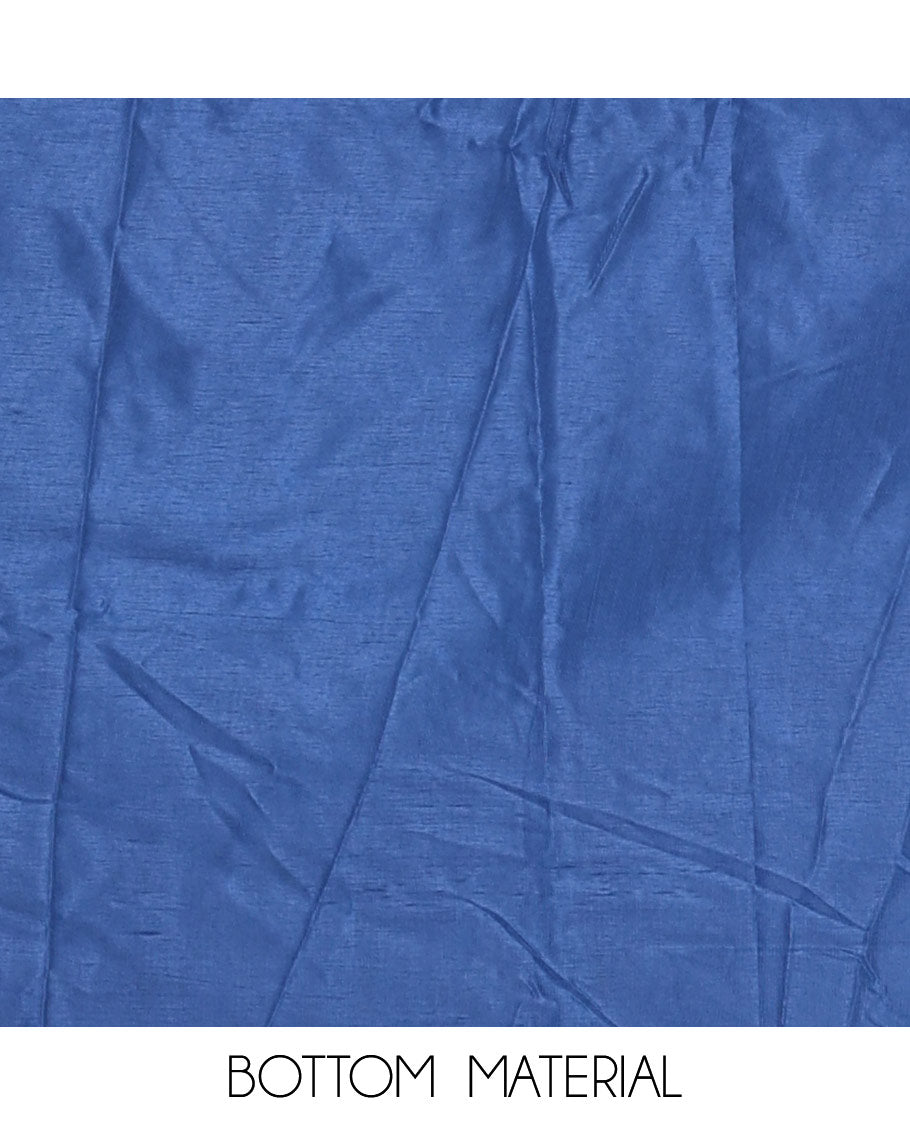 Blue Vertican silk material chudidar set, ikkat chevron striped with mirror neck embroidered top, santoon bottom, and contrast chevron striped dupatta