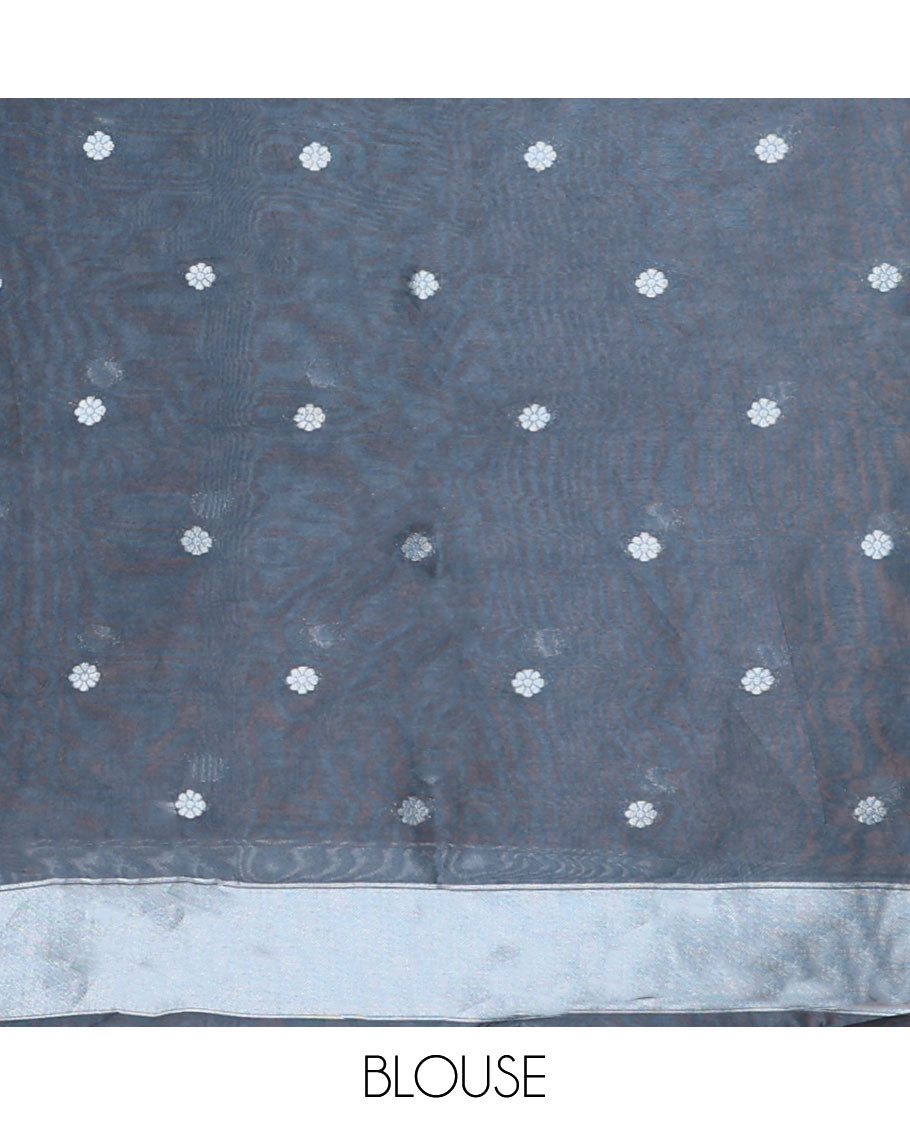 Sky blue floral , leaf traditional zari design elite silk saree with contrast floral printed border & floral design with tussels pallu