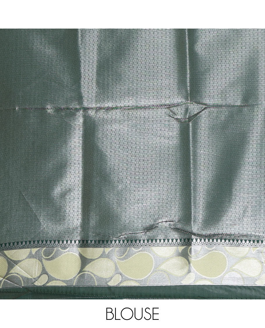 Pista green jacquard kanchi silk saree, contrast border, and pallu steeped with paisley motifs with contrast zari design blouse