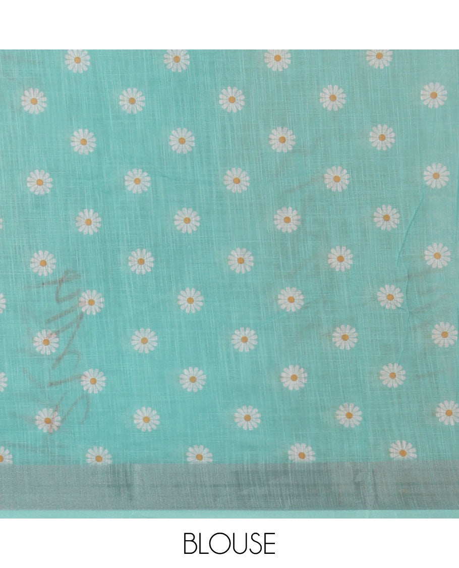 Peacock green sunflower motif printed linen saree, silver zari plain border & small sunflower motif print blouse