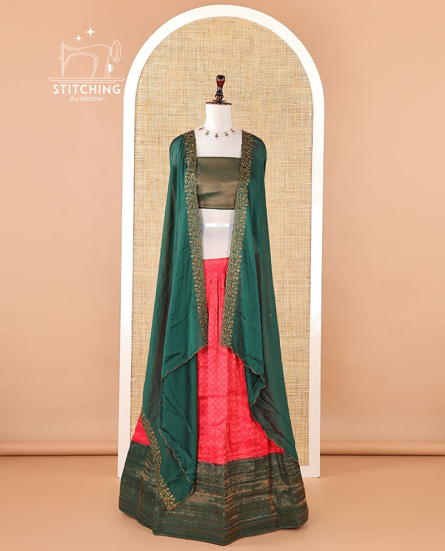 Rani pink banaras softy half-saree, brocade skirt, contrast traditional border, brocade blouse & stonework scallop georgette dhavani