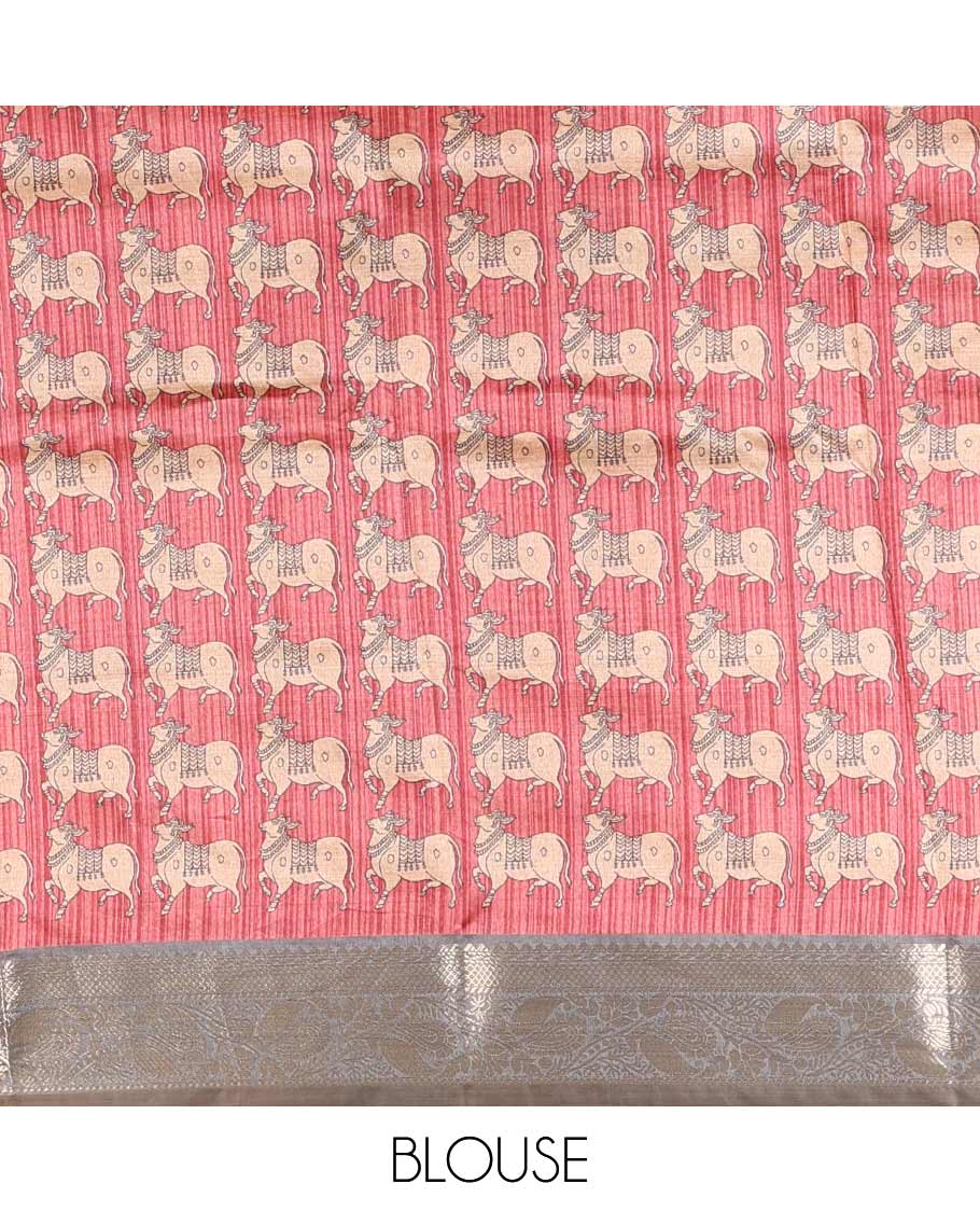 Grey striped semi-tussar saree, traditional zari border of floral creeper designs, contrast pallu of Pichwai cow print, and contrast Pichwai cow printed blouse