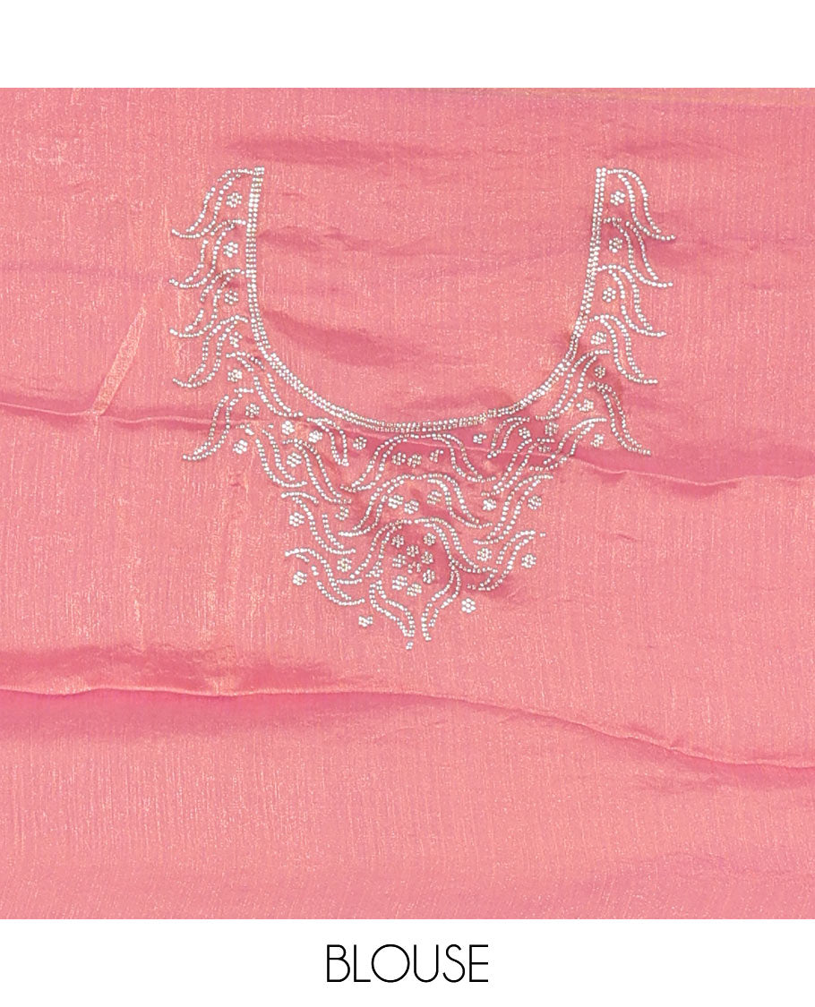Pink micro stonework Fendi chiffon saree, scallop micro stonework border, stonework paisley pallu, and matching micro stone work blouse
