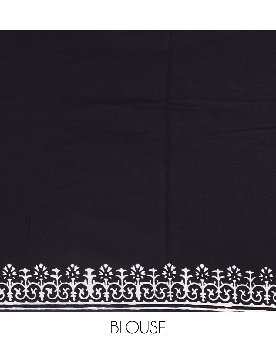 Black half-and-half style butterflies and warli theme block printed soft mul cotton saree, printed border, floral printed pallu, and a plain blouse