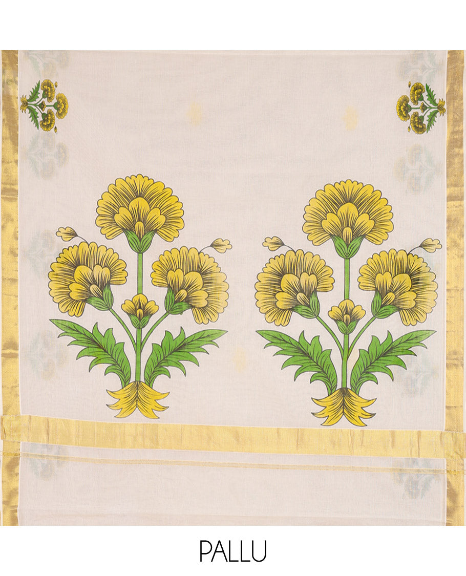 Cream and Yellow Kerala Cotton Saree, Detailed with Bunch of Floral Motifs Printed on Its Body, Subtle Zari Border, Pallu Features a Big Bunch of Floral Motifs Print, and Paired with a Matching Blouse
