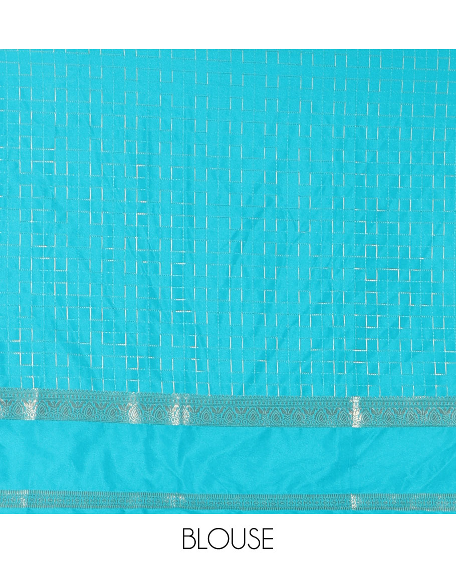 Blue maze geometric-patterned semi-mysore silk saree, contrast rettai pettu traditional zari border, intricate pallu, and a contrast geometric-patterned zari-bordered blouse