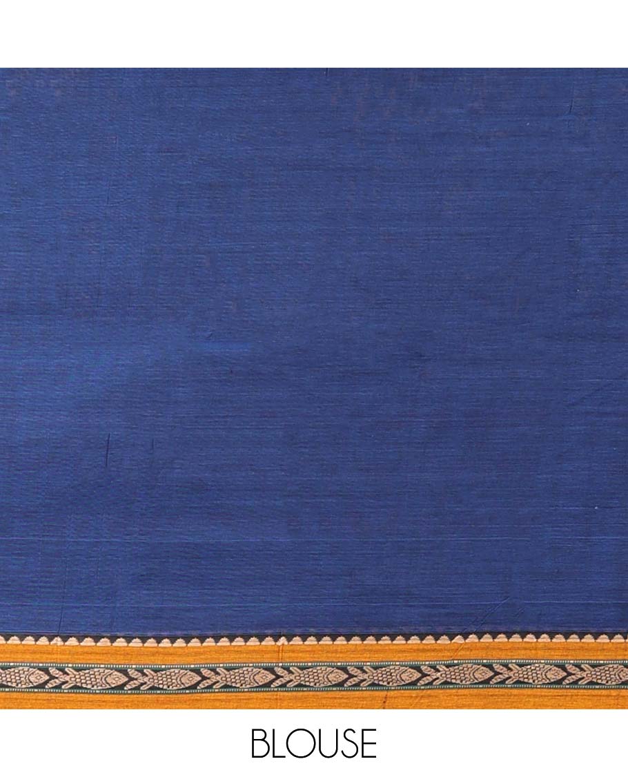 Blue plain Narayanapet cotton saree, contrast traditional zari design border & striped pallu