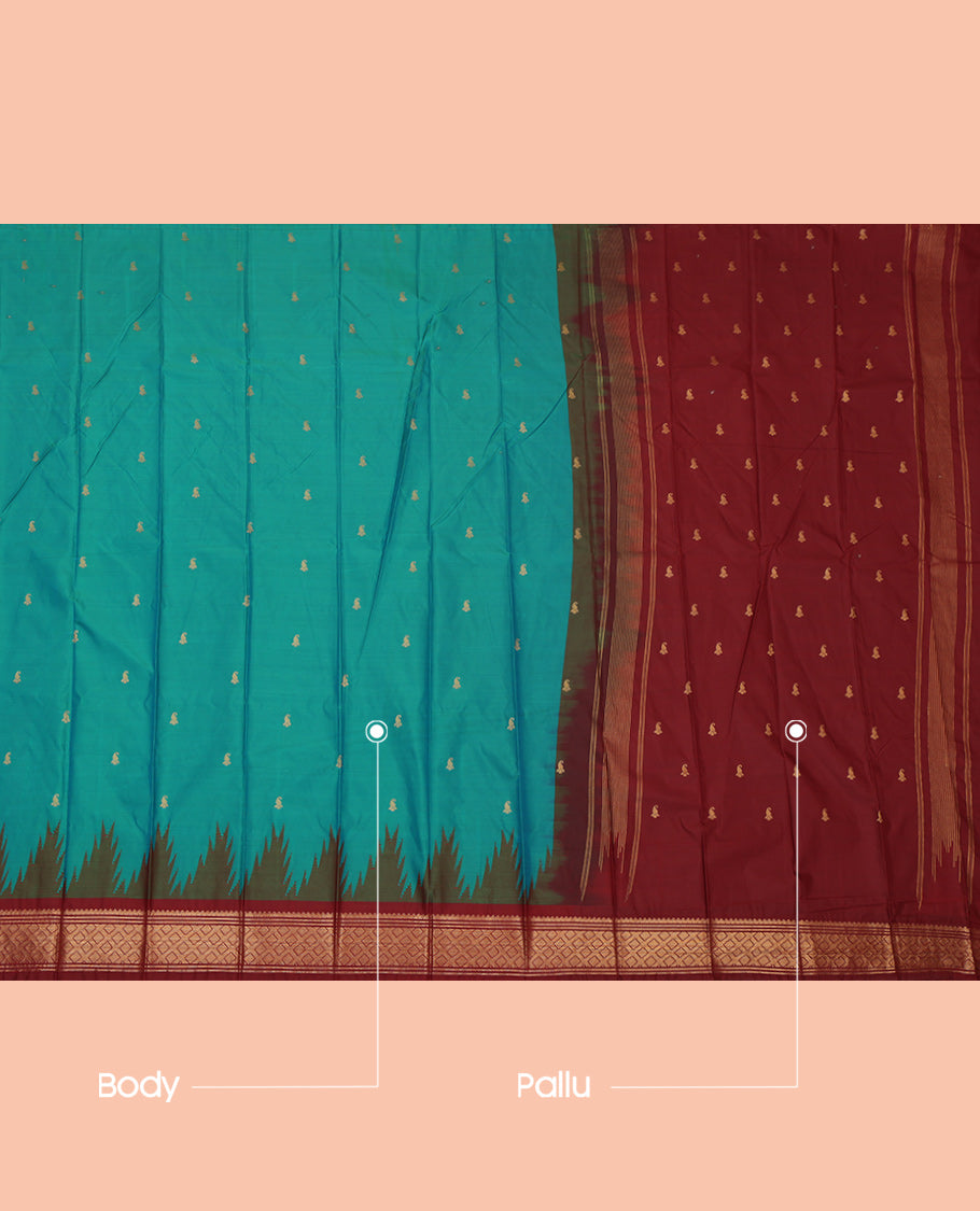 Green Budget Silk Saree, Spotlighted with Zari Buttas, a Contrast Traditional Temple Border, Intricate Pallu, and a Contrast Blouse