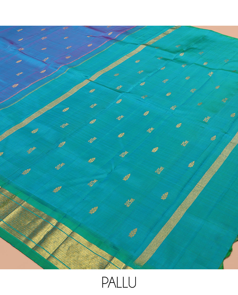 Blue Kanchipuram Silk Saree, Woven with Zari Buttas, a Contrast One-Sided Border of Banaras, and Jaal Designs, Zari Design Pallu, and No Blouse