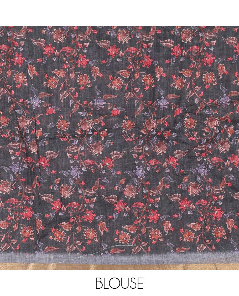 Grey zig-zag stripes printed linen cotton saree, piping zari border, kalamkari floral-peacock printed pallu & contrast printed blouse