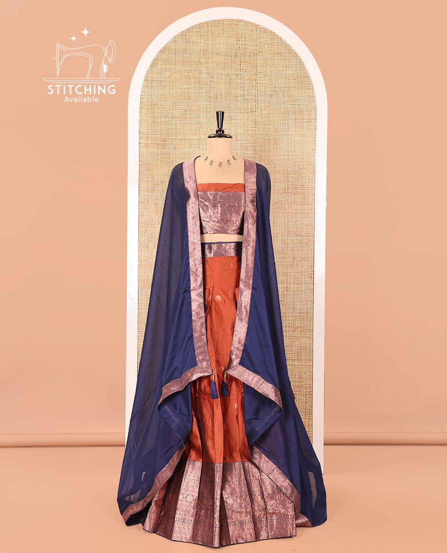 Rust and Blue Semi-Banarasi Half-Saree, Detailed with Zari Buttas on Its Skirt, Complemented by a Contrast Traditional Zari-Design Border, Paired with a Matching Blouse, and a Contrast Satin Georgette Zari-Bordered Dhavani