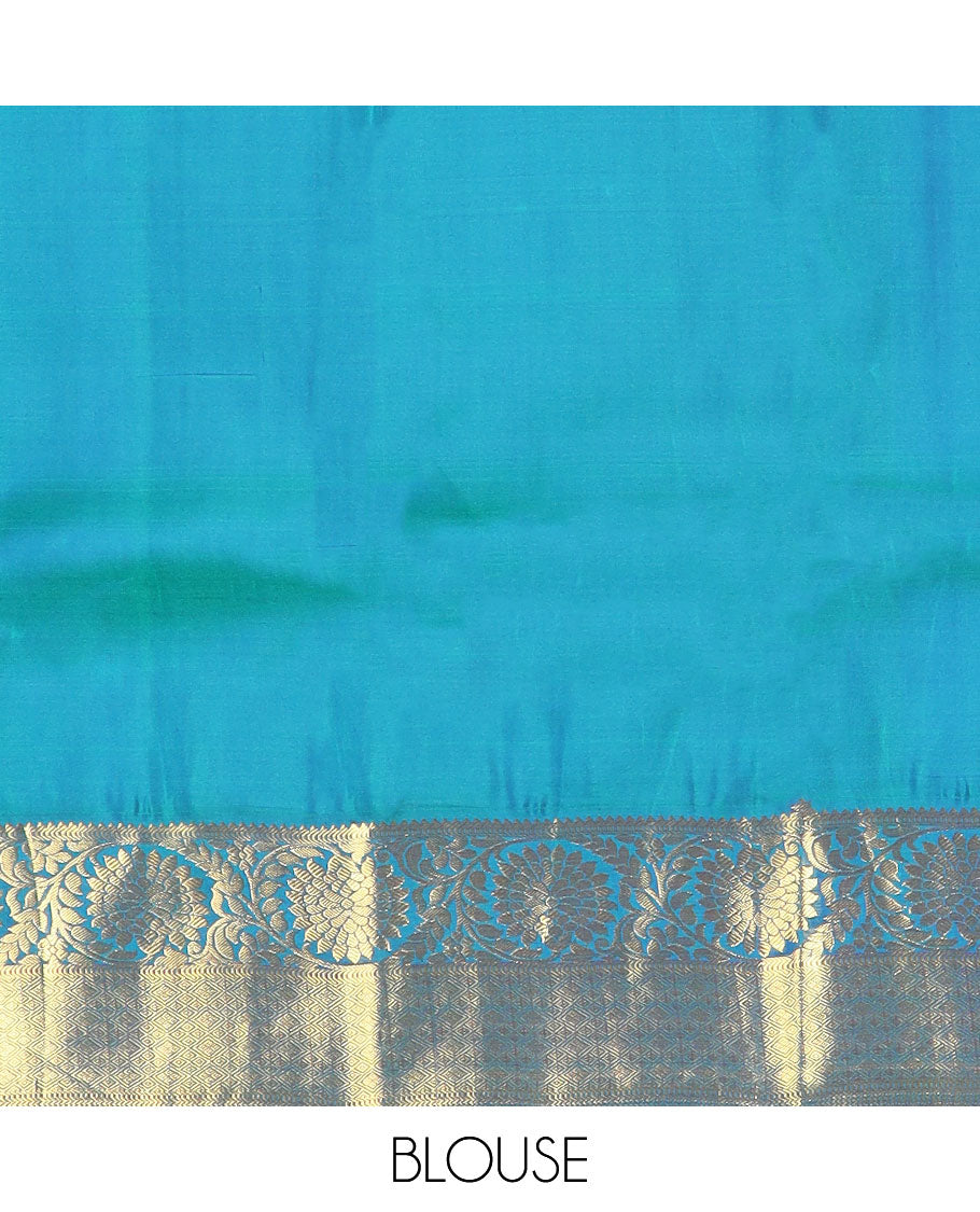 Sea blue floral jaal design kancheepuram silk saree with self border of muthu, kodi visiry design & zari design pallu