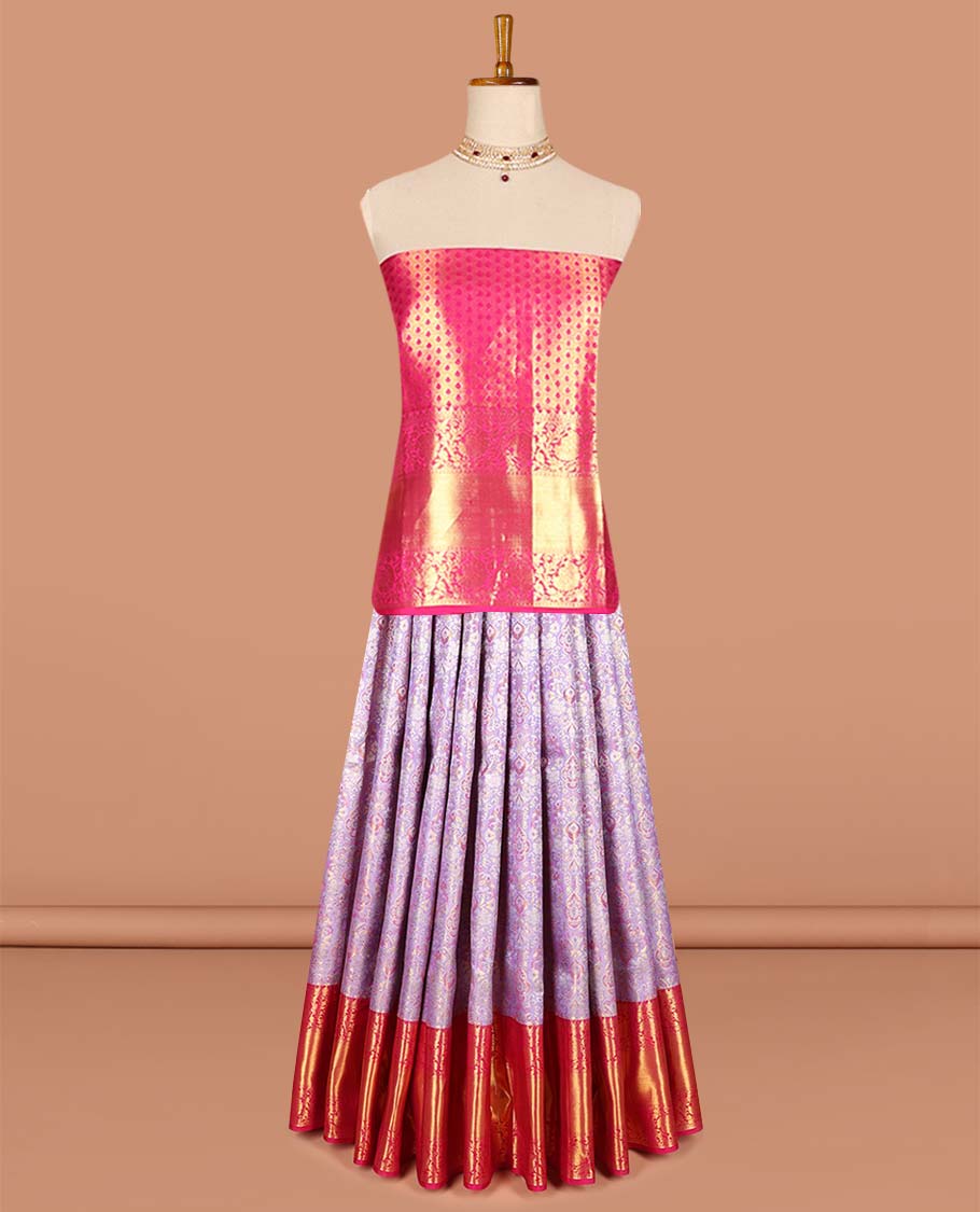 lavender floral jacquard pure silk half saree with contrast traditional design border , zari design blouse & floral jaal design dhavani
