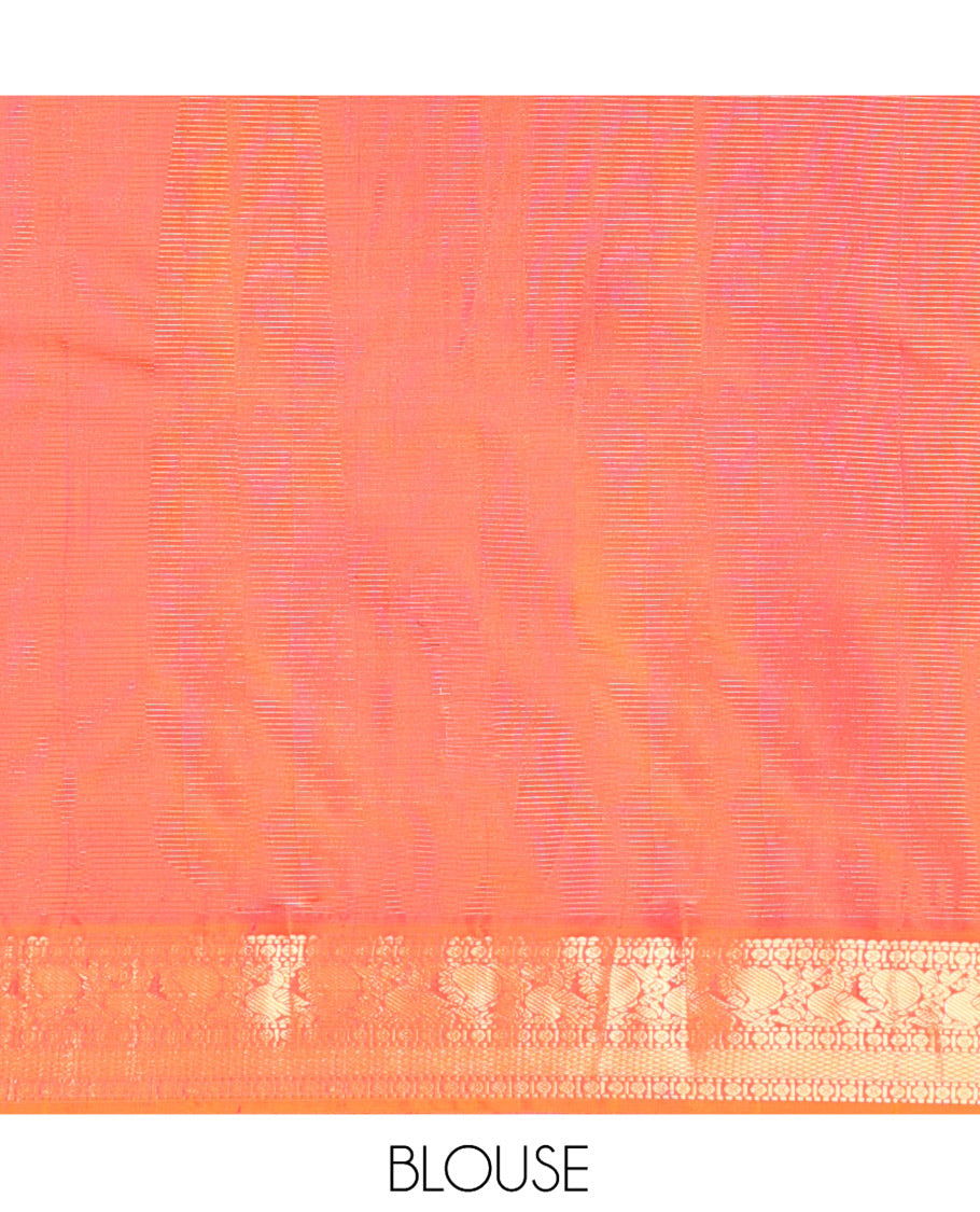 Sandal Vasundhara Silk Saree, Sparsely Woven with Zari Buttas on Its Body, Complemented by Contrast Border of Rudraksham, Mayil, Chakram, Muthu, and Mayil Kann Designs, Grandly Decked Up Pallu, and Paired with a Contrast Blouse