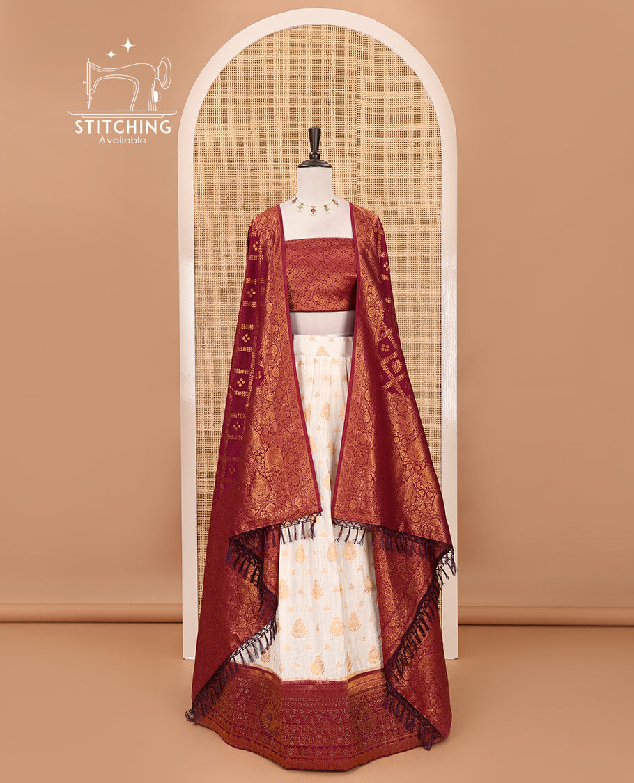 Cream georgette crepe halfsaree,zari buttas & traditional Swarovski stonework purple border skirt, jacquard blouse & banarasi jacquard dhavani