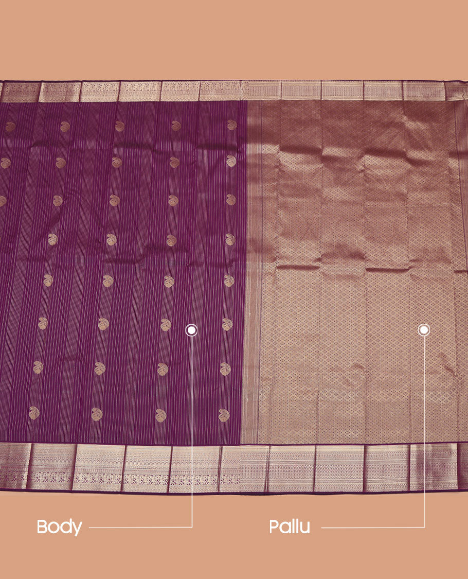 Purple Budget Silk Saree, Bedecked with Paisley Buttas and Zari Stripes All Over Its Body, Highlighted by a Traditional Zari Design Border, Pallu of Jaal Design, and Paired with a Matching Blouse