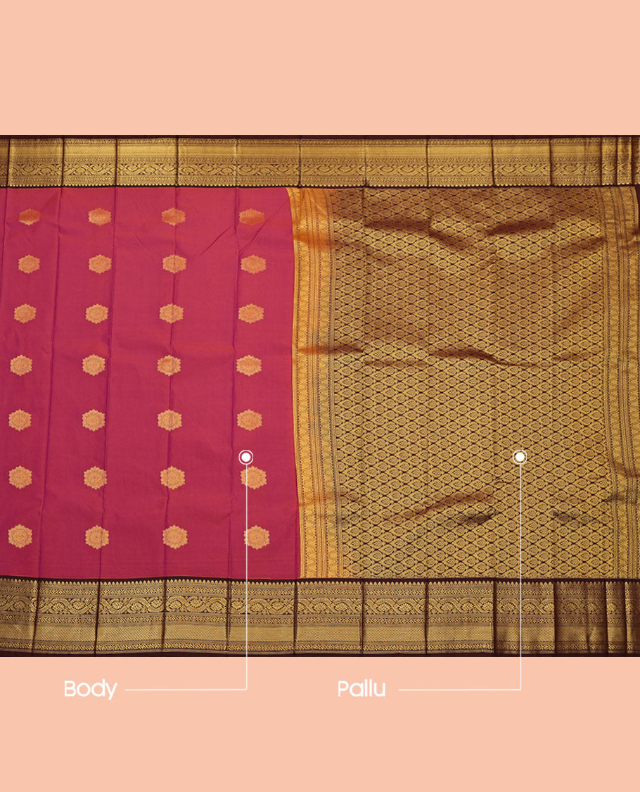 Red Budget Silk Saree, Adorned with Zari Buttas, Complemented by Contrast Traditional Zari Border, Grand Pallu and a Contrast Blouse