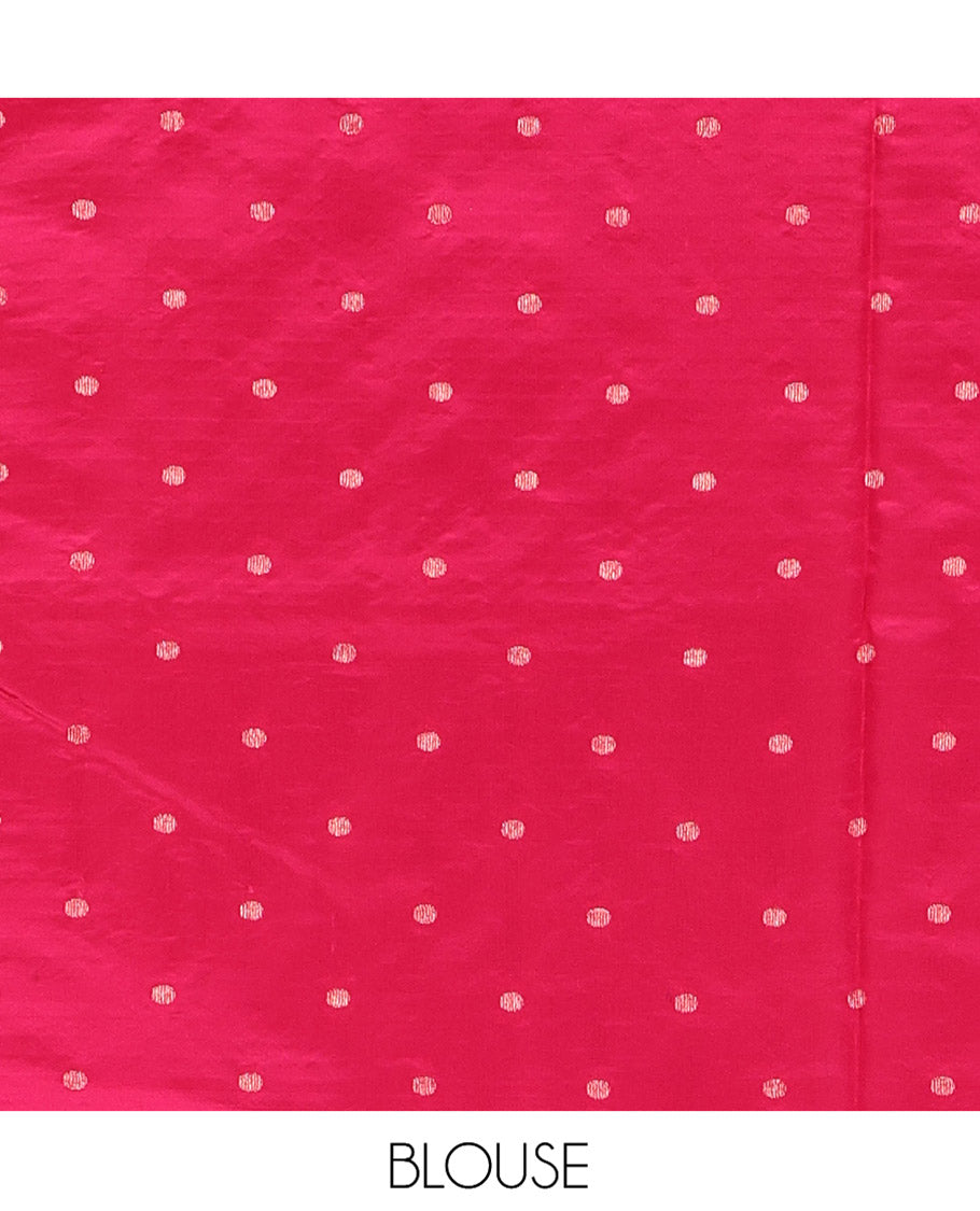 Green Semi-Banaras Dupion Saree, Detailed with Zari Buttas and Stripes, Complemented by Contrast Traditional Border, Zari Striped Pallu, and a Contrast Blouse