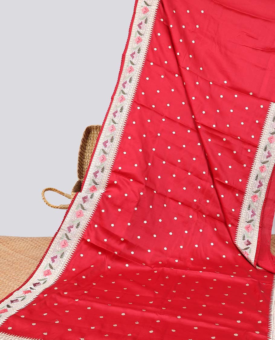 Red polka dot semi-banaras tussar saree & contrast floral thread embroidered border