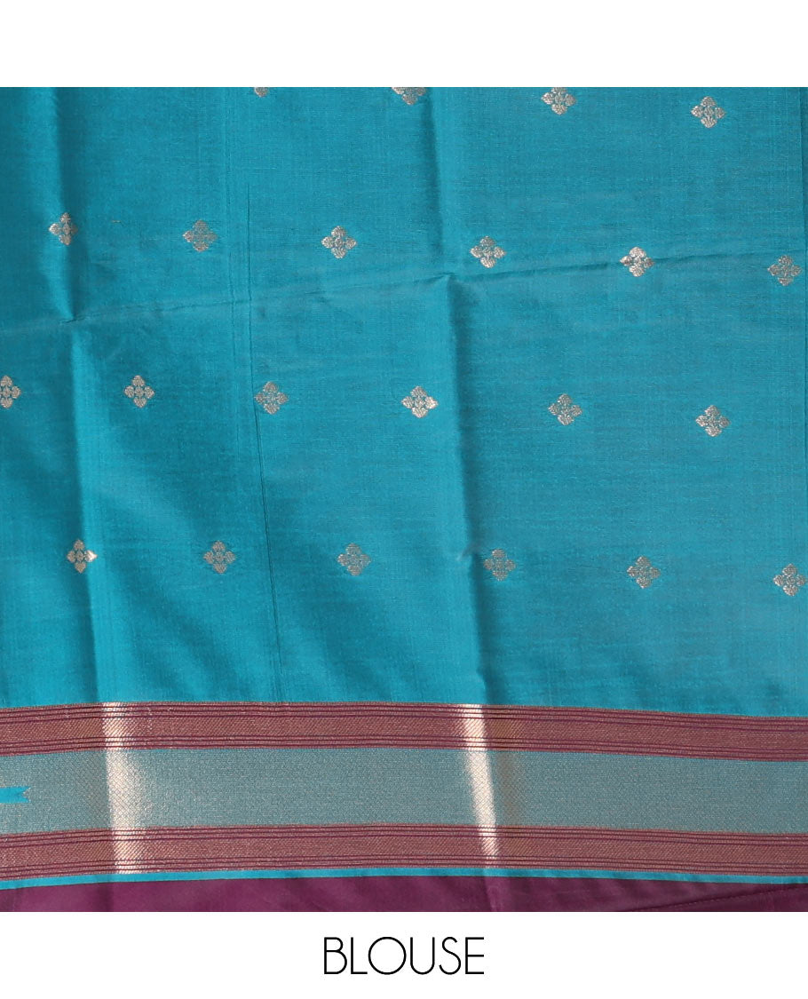 Wine round peacock chakram buttas enclosed checked Mulberry silk saree, contrast round peacock chakra border, zari worven pallu, and contrast zari blouse