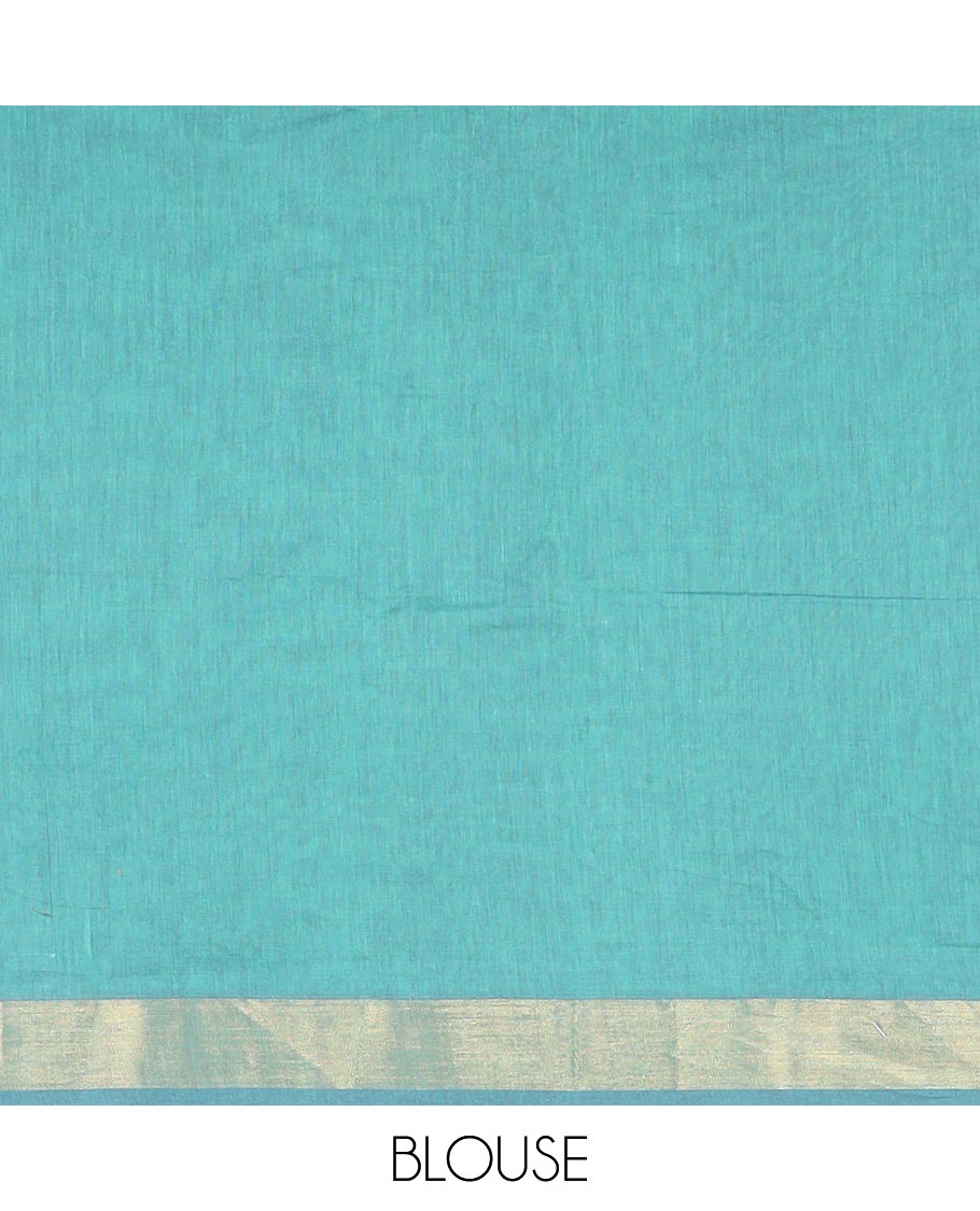 Blue Coimbatore Cotton Saree, Prettified with Stripes and Unique Buttas All Over Its Body, Subtly Zari Border, Complemented by Pallu of Jaal Designs, and Paired with a Contrast Blouse