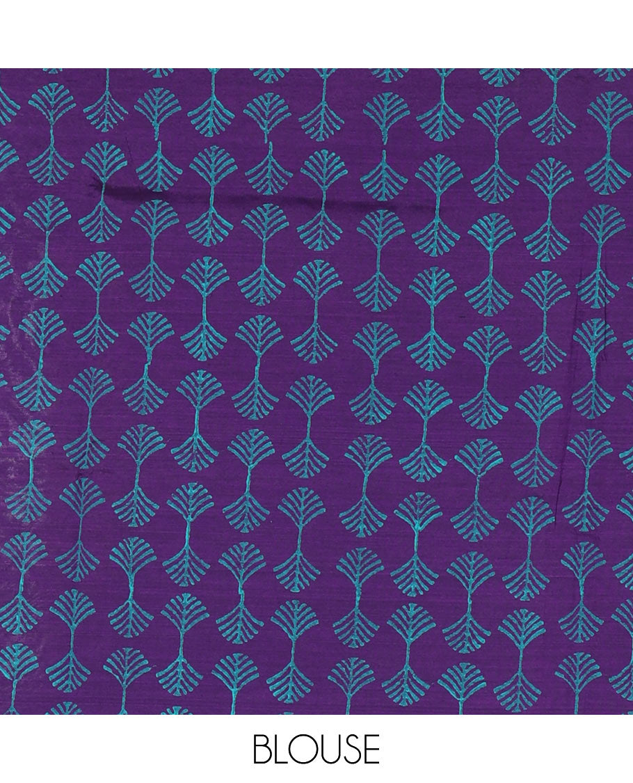 Blue big polka dots printed poly cotton saree, horizontal stripes printed border, polka dots printed pallu, and contrast handblock printed blouse