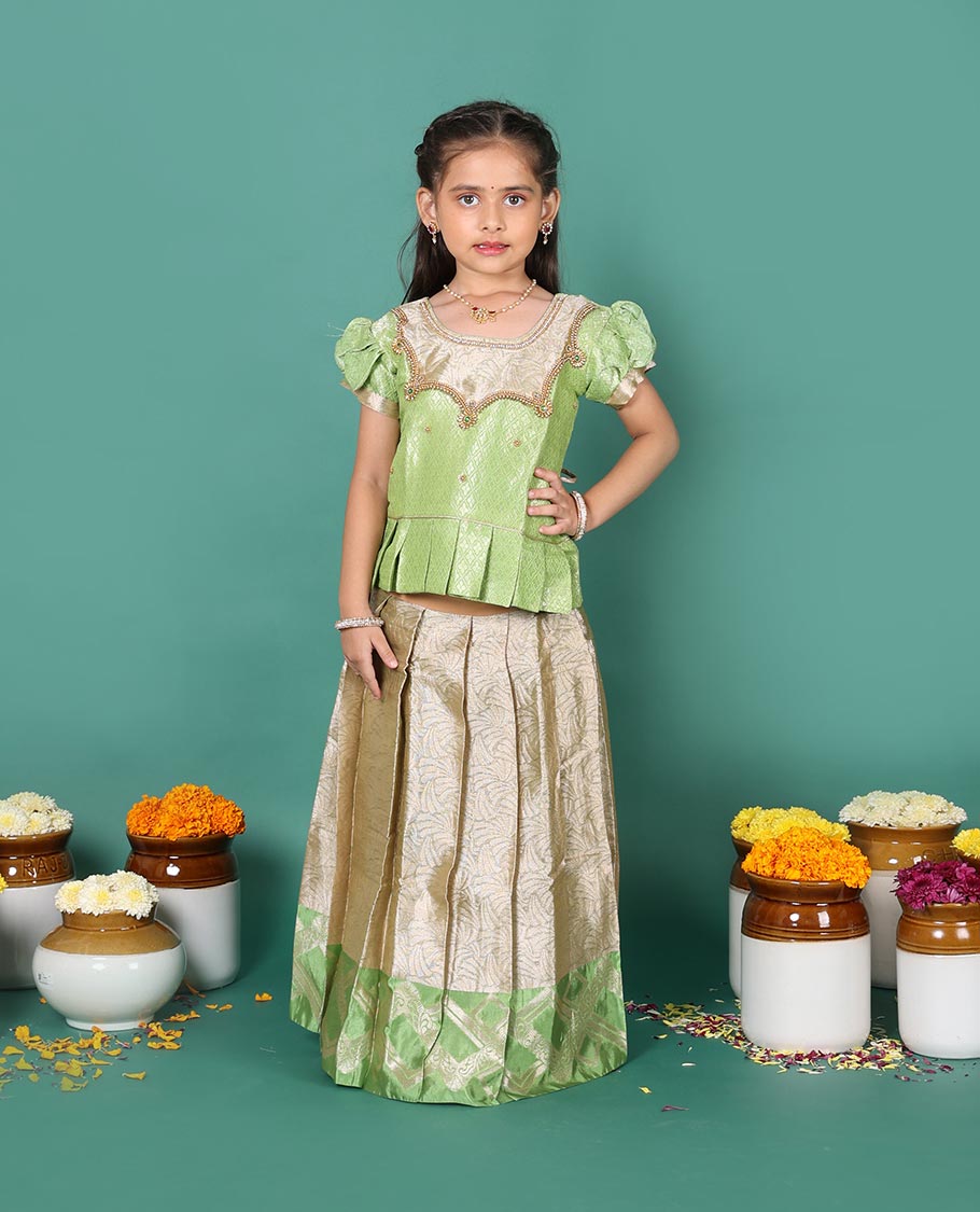 Beige art silk readymade pavadai set, jacquard with contrast geometric zari border skirt, and contrast neck embroidered puff-sleeve blouse