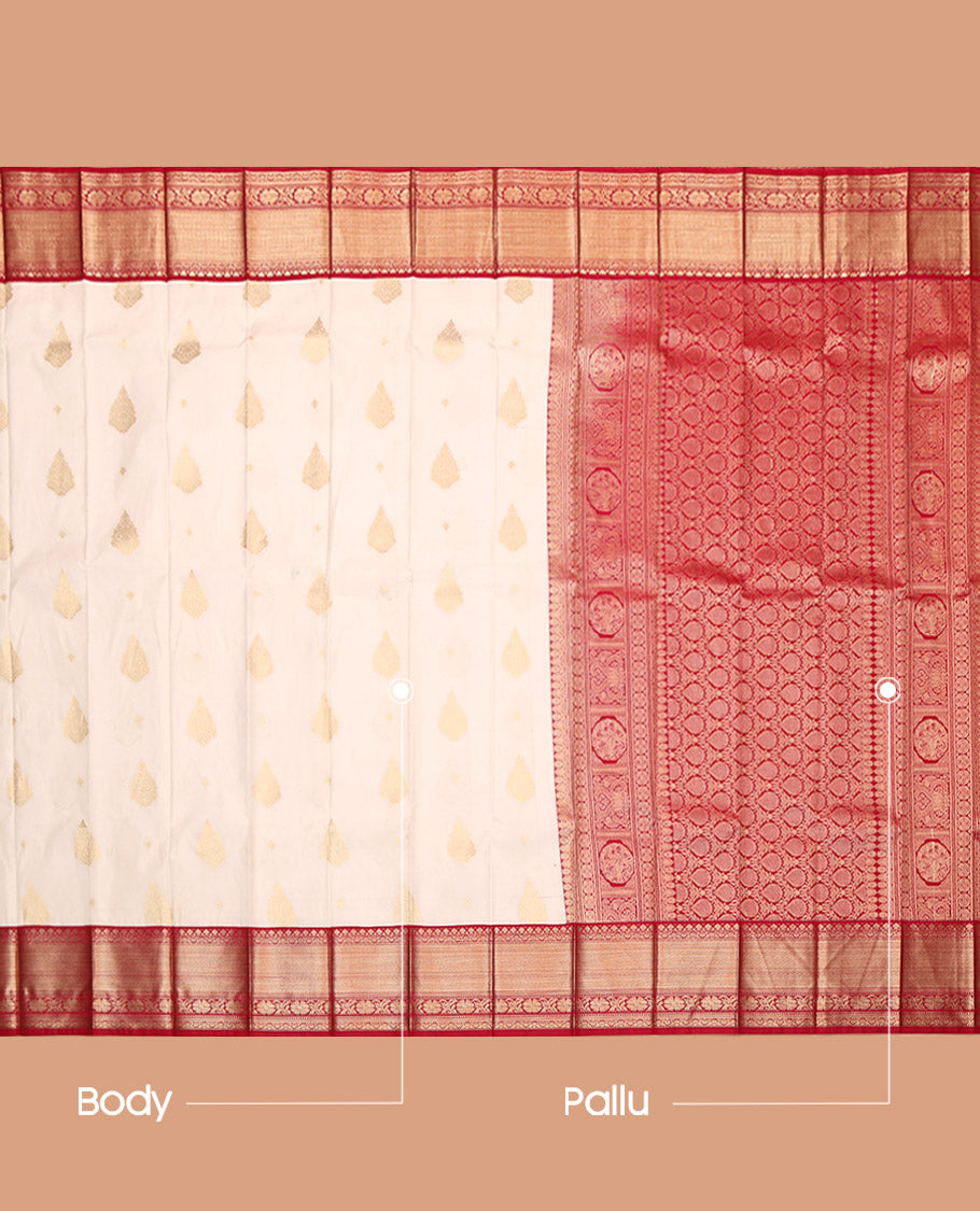 Cream Budget Silk Saree, Enthralled with Zari Buttas on Its Body, Complemented by a Contrast Traditional Zari Design Border, Intricately Designed Pallu, and Paired with a Contrast Blouse