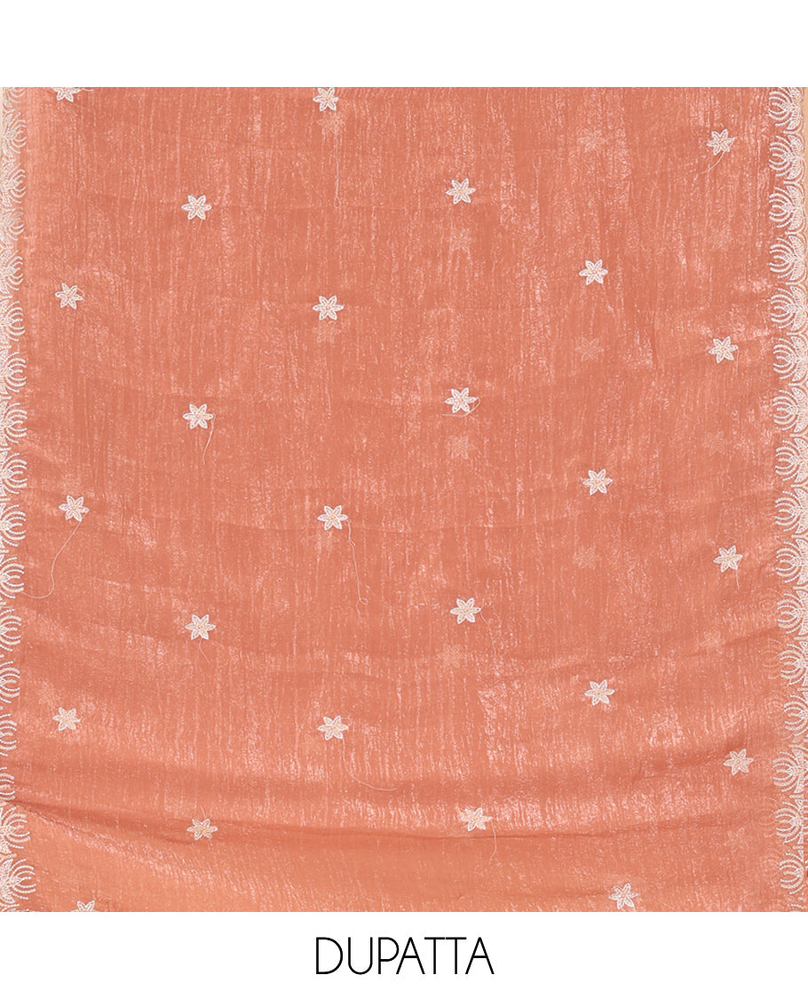 Light Brown Crunchy Chiffon Material Churidar Features Thread Embroidered-Stone Work Top, Plain Bottom, Embroidered Dupatta