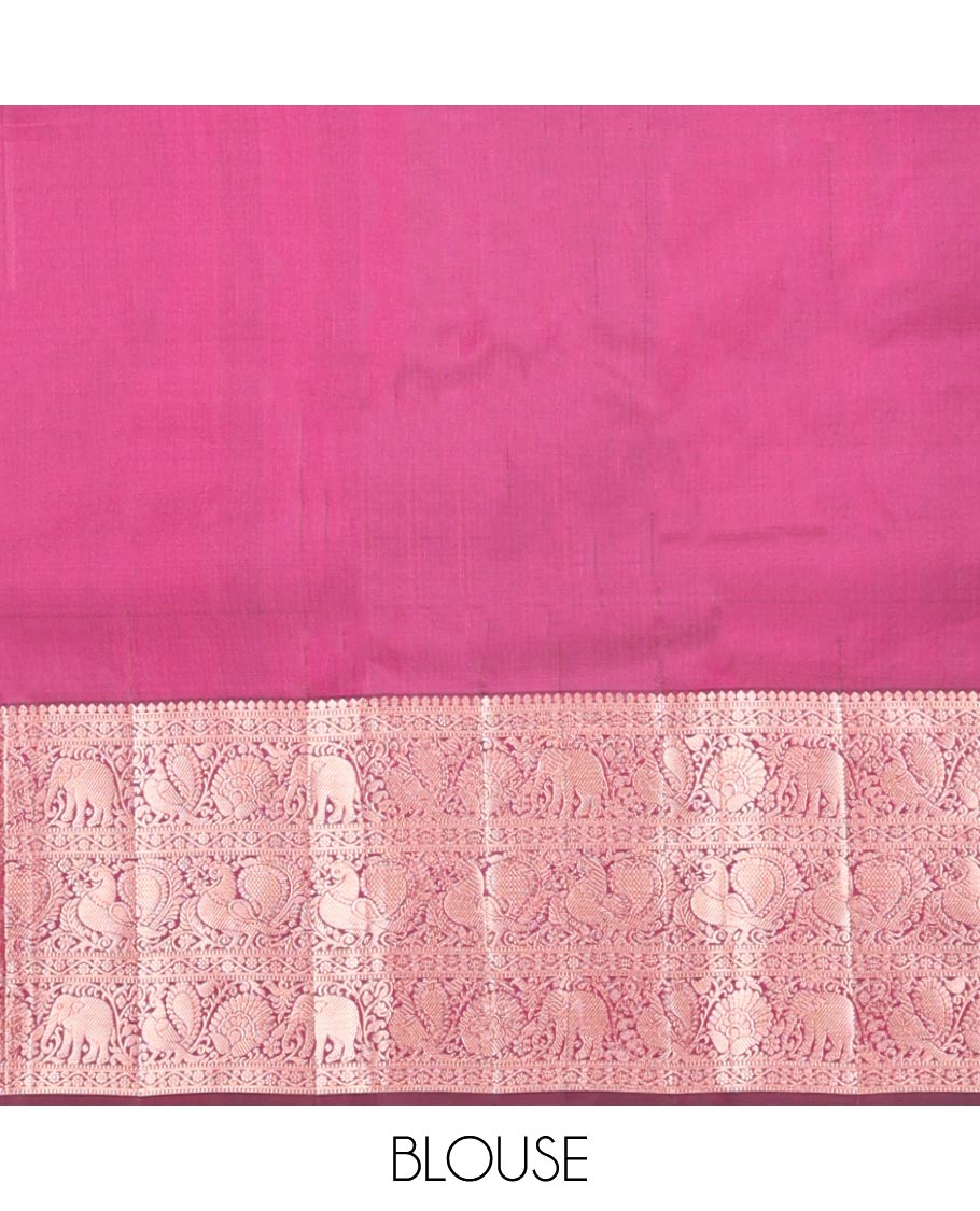 Red floral jacquard kancheepuram silk saree with self border of thilakam mokku, yanaai, mayil design & zari design pallu