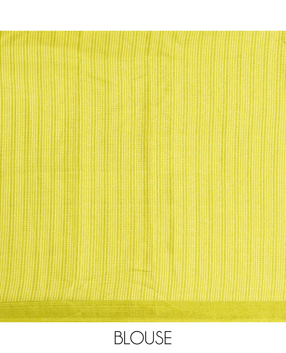 Cream polka dot printed khadi cotton saree, contrast piping border with stripes print, stripes printed pallu & green stripes printed blouse