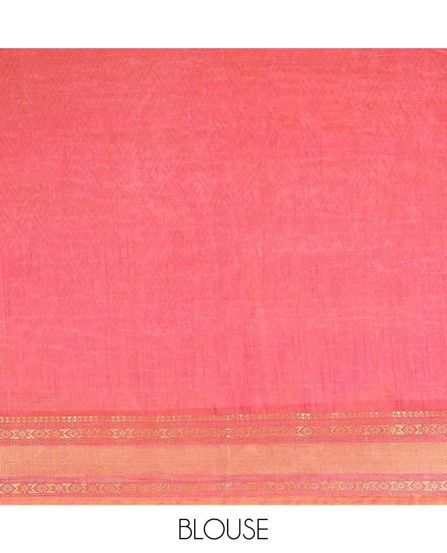 Brown with pink pochampalli printed design semi patola silk saree, contrast gold zari jacquard border & printed rich pallu along with plain blouse