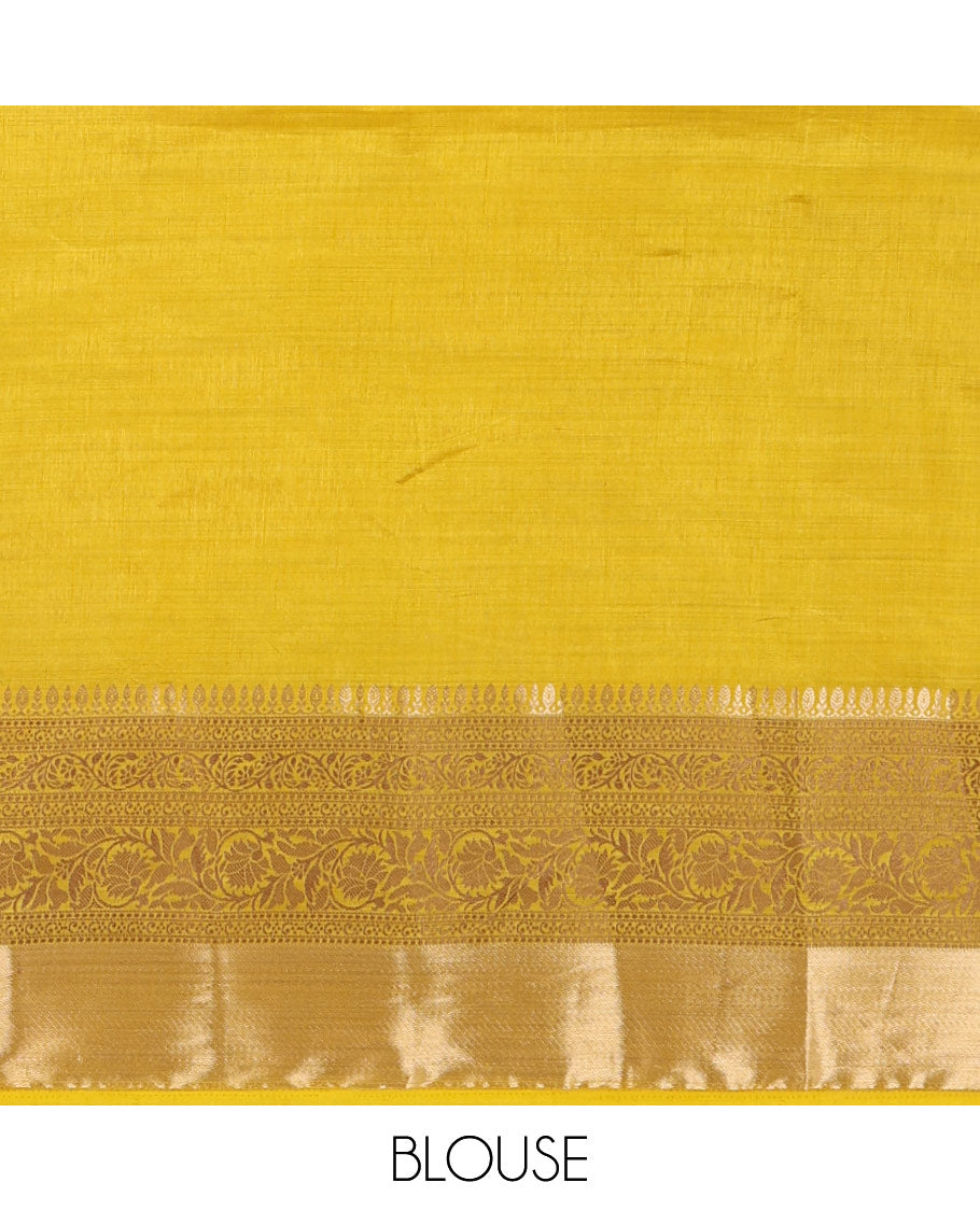 Yellow plain tussar saree, traditional zari design border, pallu of zari stripes & matching traditional motif border blouse