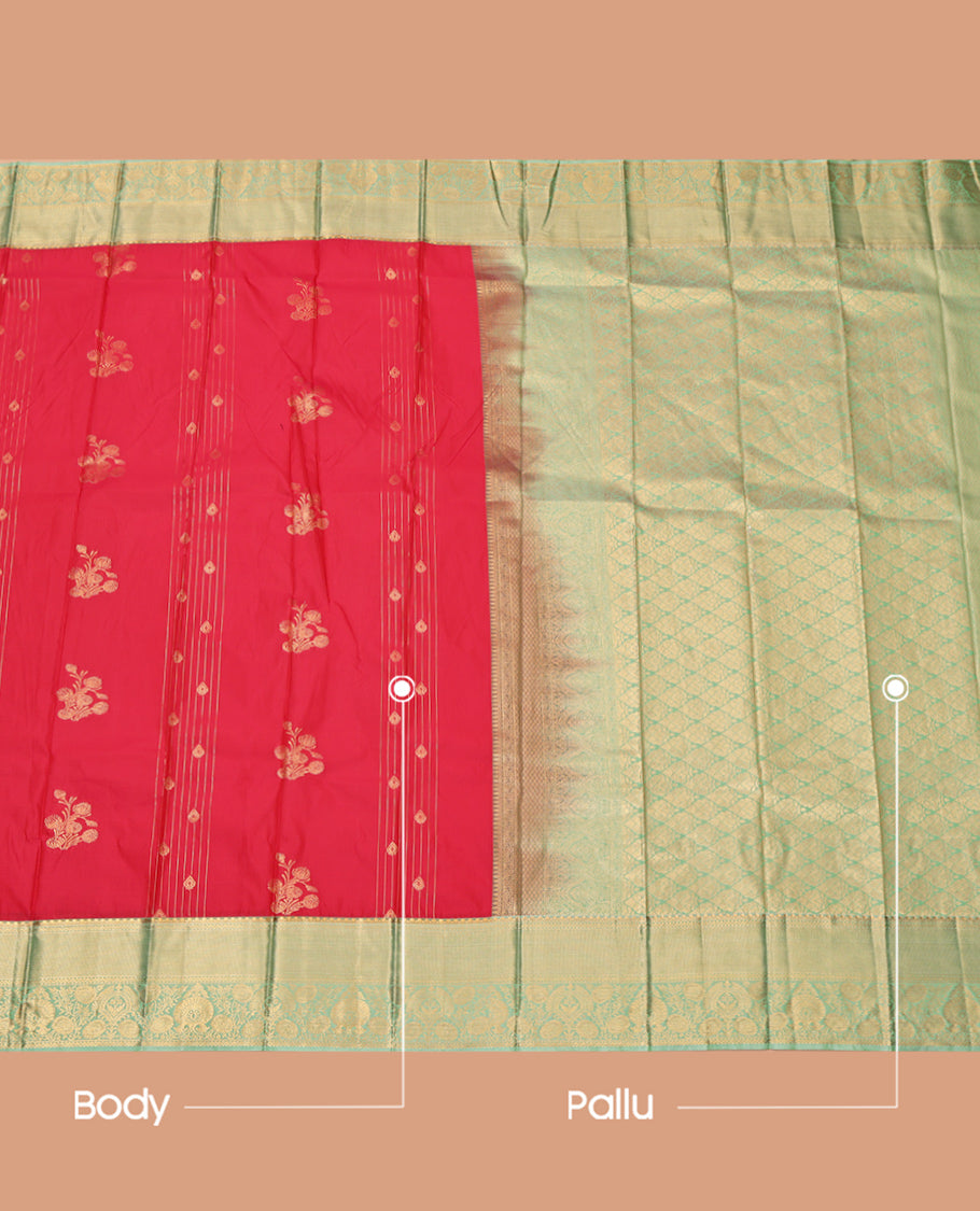 Red Budget Silk Saree Featuring Zari Buttas, Complemented by a Contrast Traditional Zari Border, Grand Pallu, and a Contrast Blouse