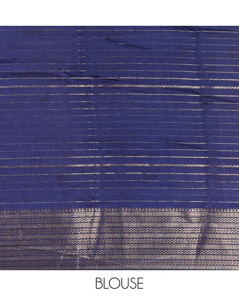 White zari design moss milan saree, contrast navy blue and pink colored traditional zari border, ikkat buttas printed pallu, and contrast zari design blouse