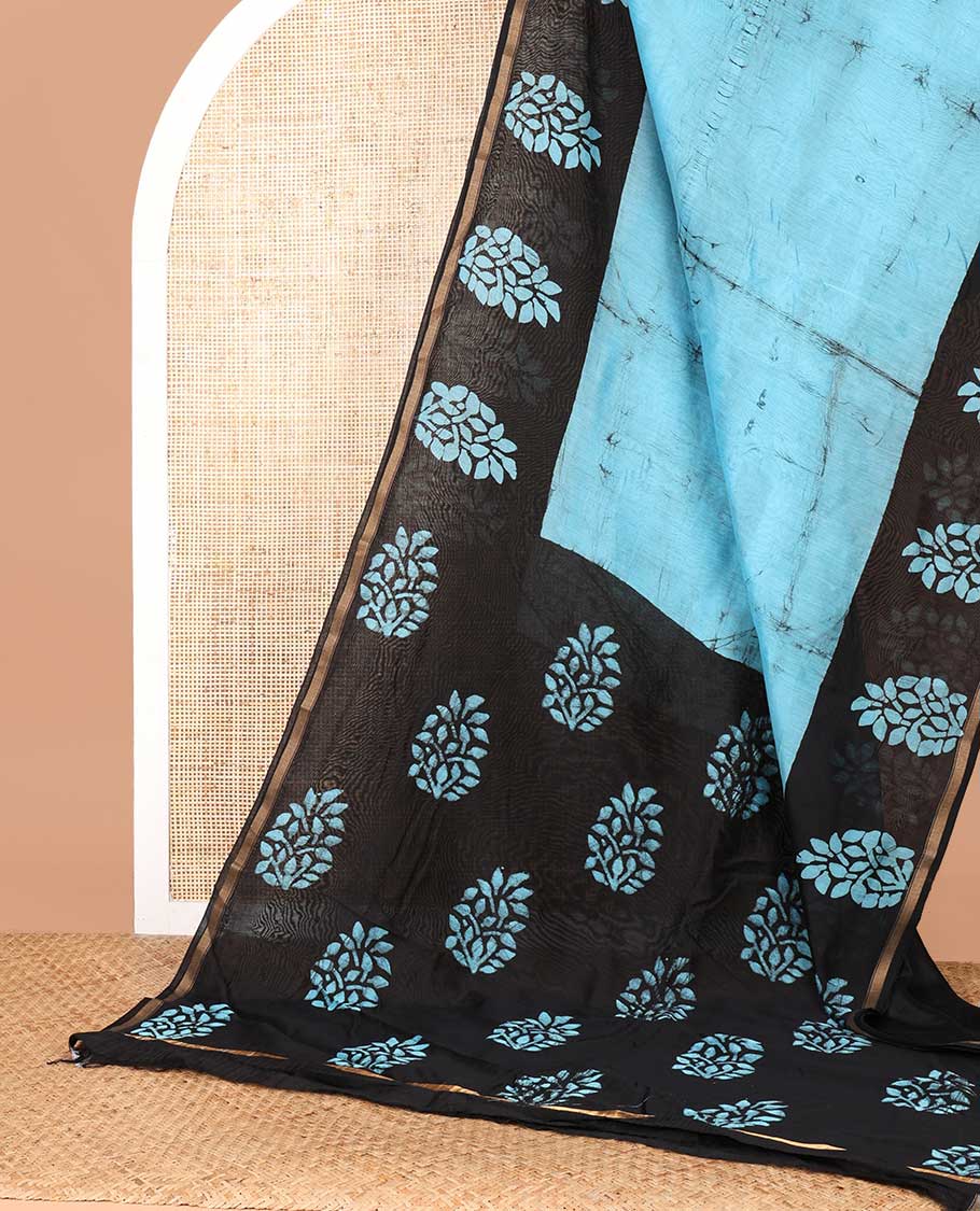 Blue hanblock batik printed chanderi cotton saree with contrast wax block printed border & hand block printed pallu along with plain blouse