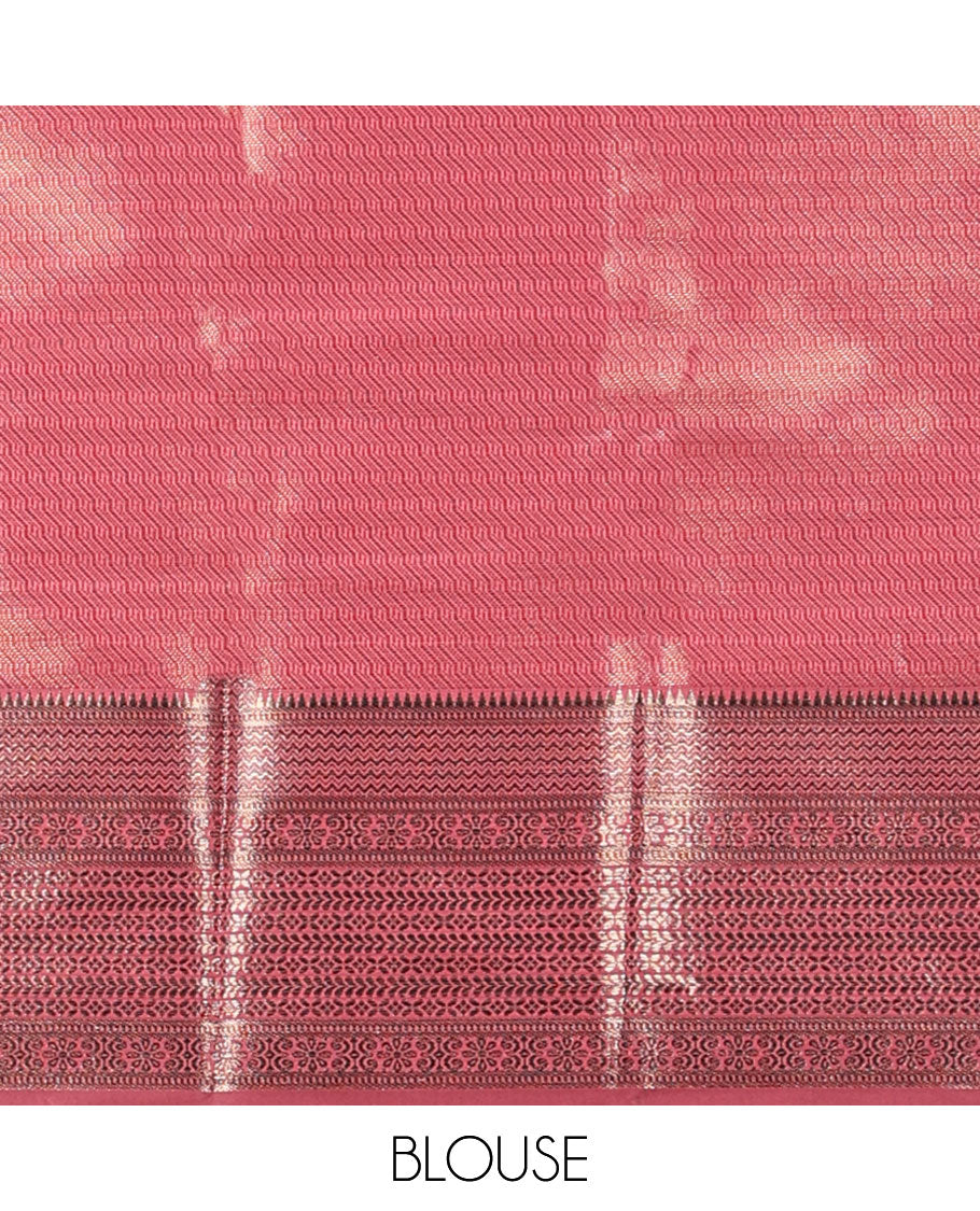 Onion pink zig zag straight line leaf design elite silk saree, gold rose zari with veldari border , malli mokku design & rich pallu , rose gold brocade design blouse