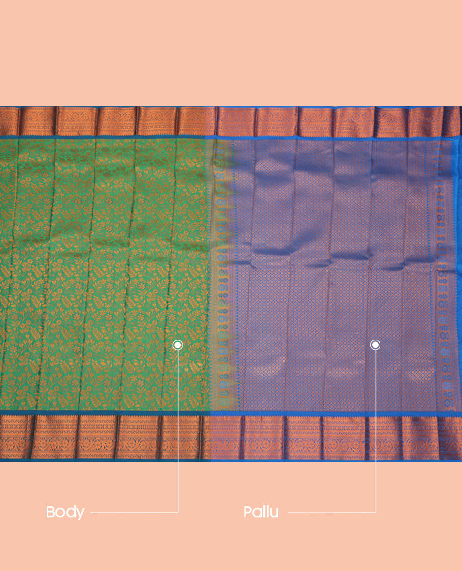 Green Budget Silk Saree, Delicately Woven with Jacquard Design, a Contrast Traditional Zari Border, Grand Pallu, and a Contrast Blouse